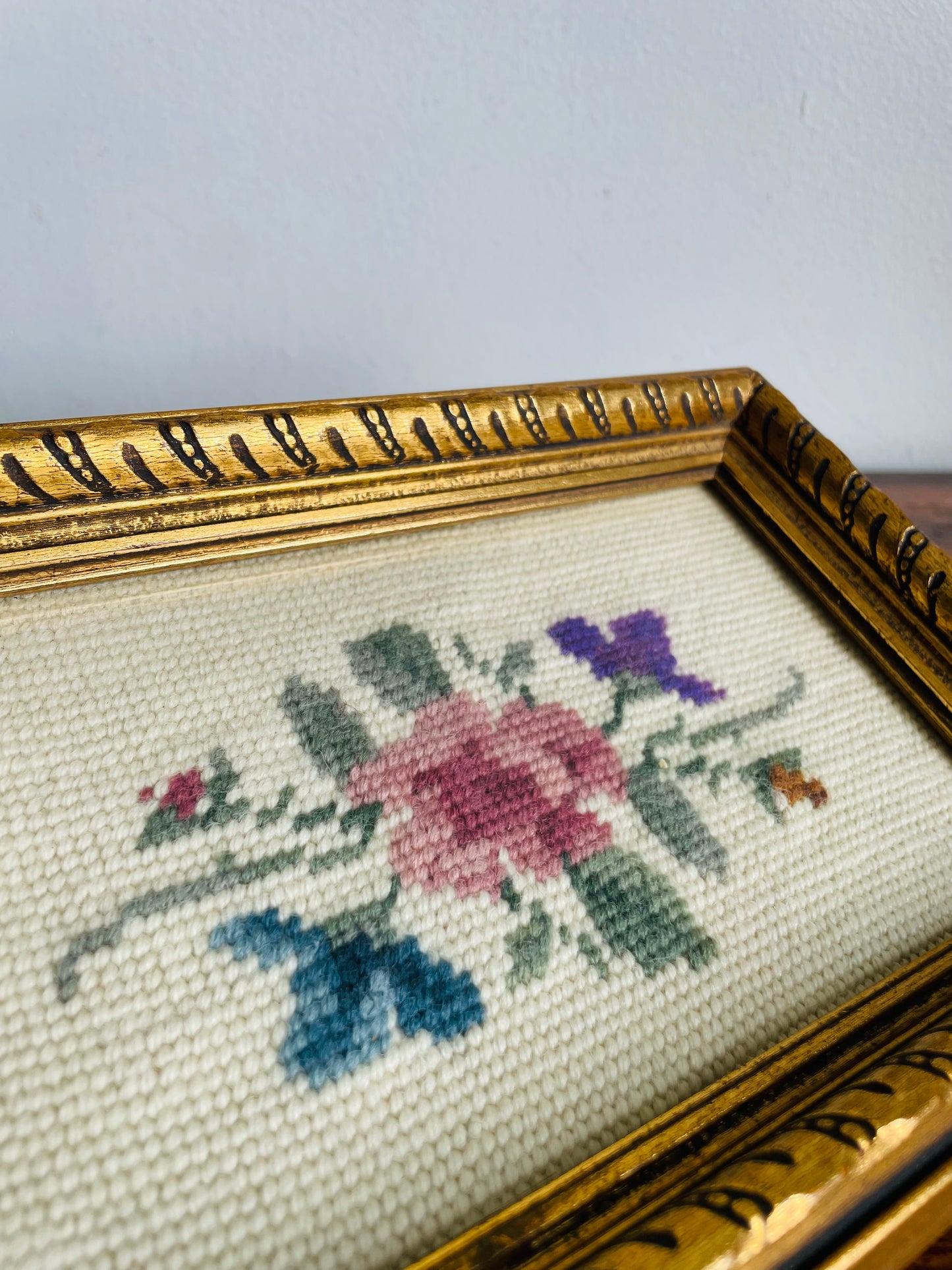 Vintage 1932 Floral Needlepoint Embroidery Picture in Gold Frame - Made by Babs in Regina Saskatchewan