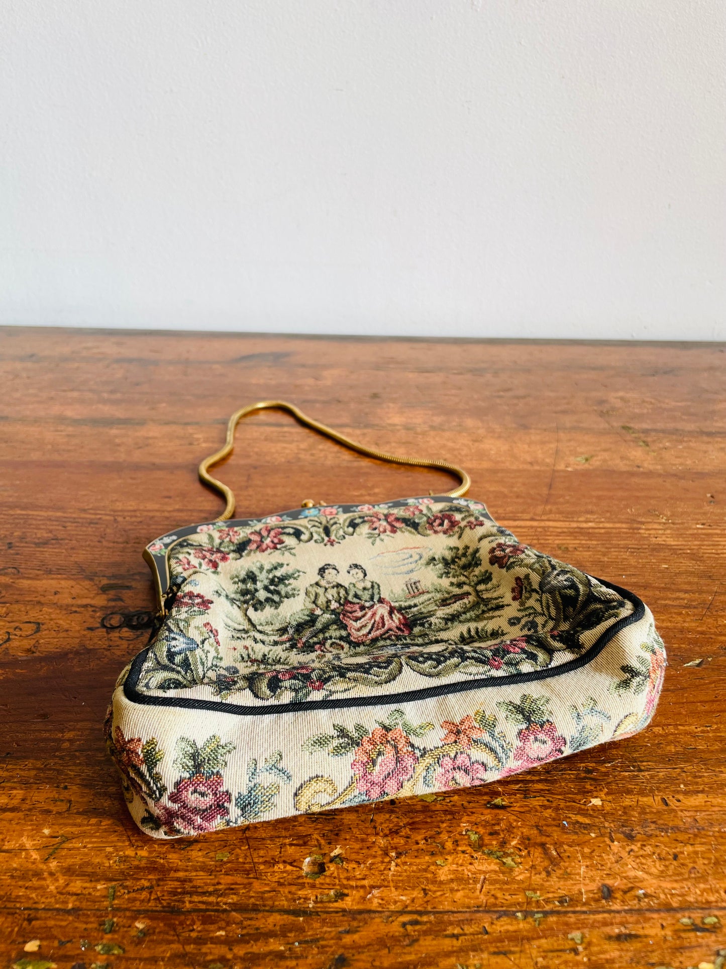 La Marquise Romantic French Tapestry Evening Bag Purse on Brass Chain