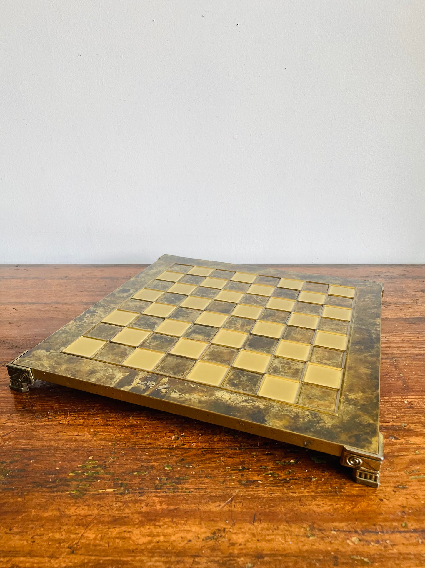 Footed Solid Brass Chessboard with Marbled Design - Great for a Game, Staging, Tray, Background, Etc.