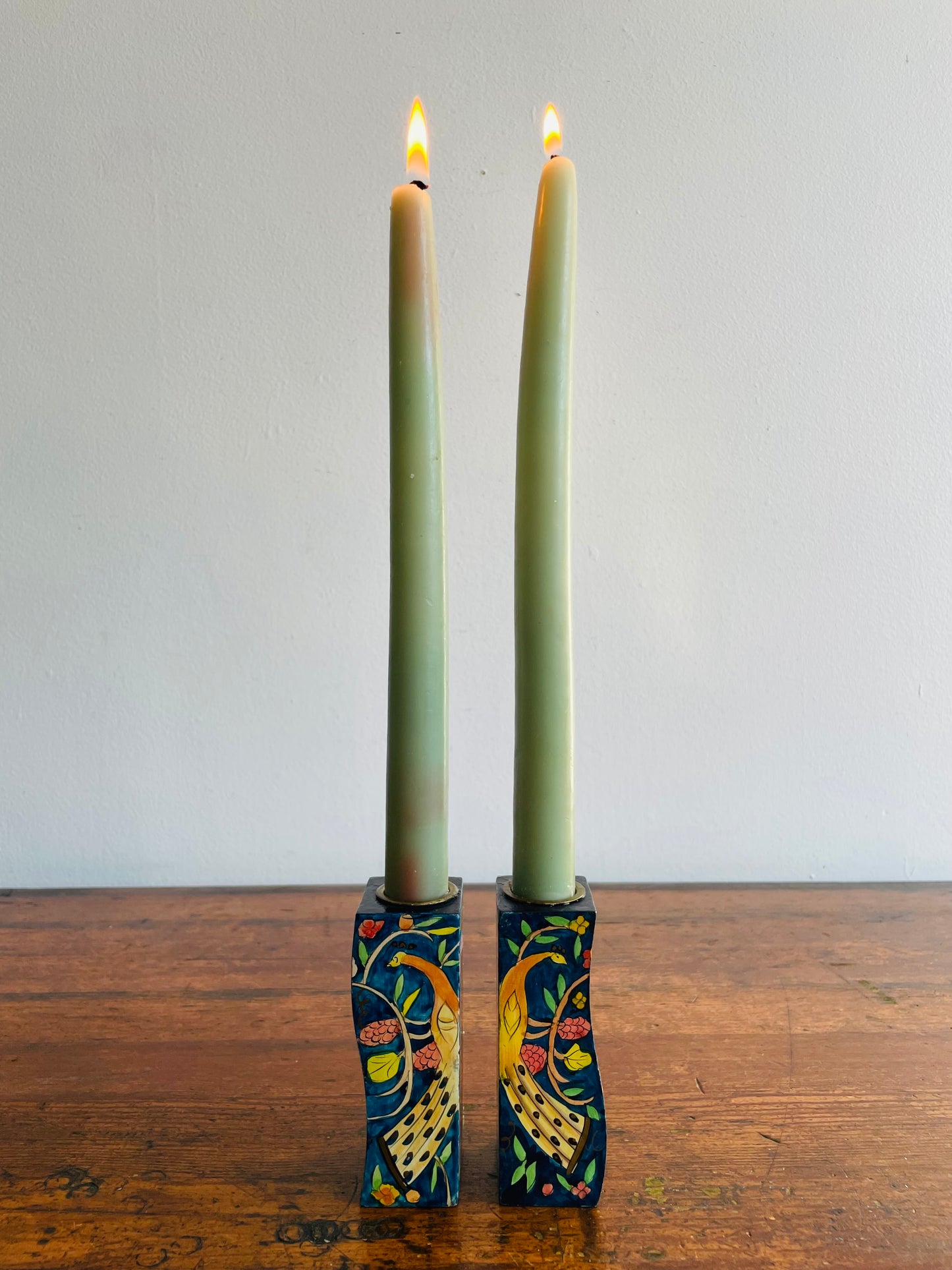 Israeli Lacquered Wood Wavy Candle Holders with Hand Painted Peacock, Lion, Deer, Bird & Flower Design - Yair Emanuel Shabbat Candles