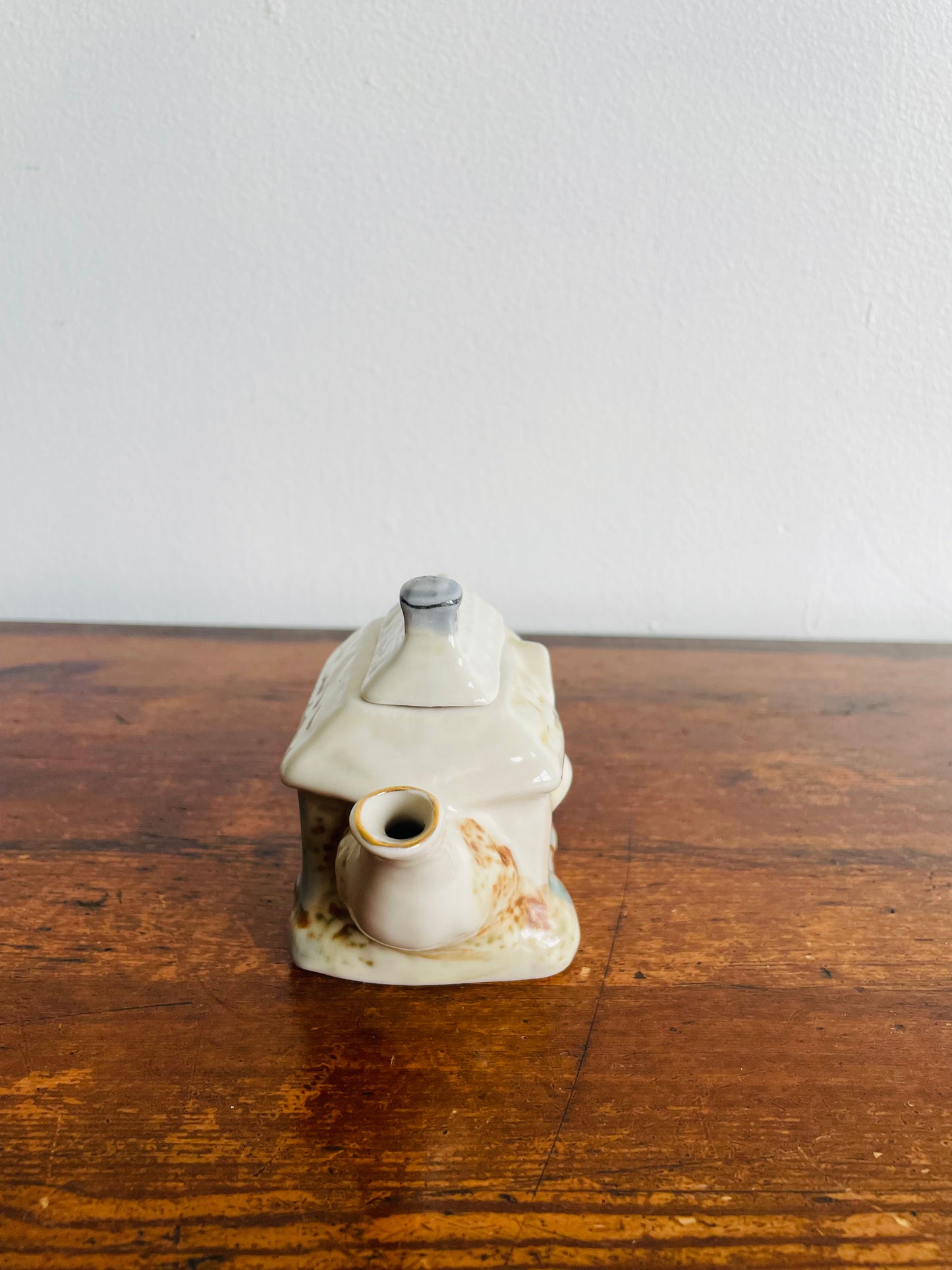 Miniature & Adorable Teapot - Country Cottage with Blue & Black Windows & Door