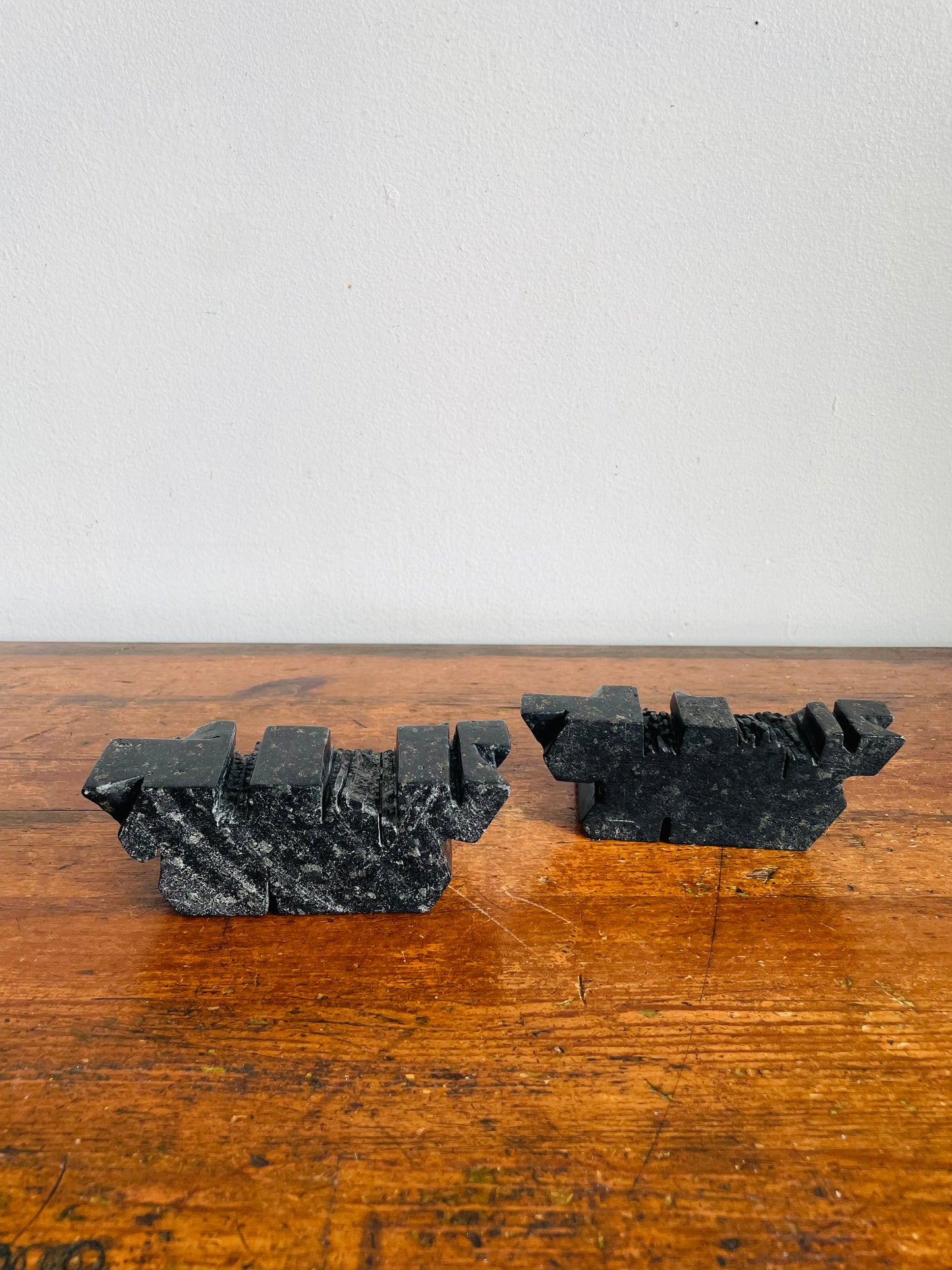 Vintage Carved Soapstone Bookends with Futuristic Abstract Design - Set of 2