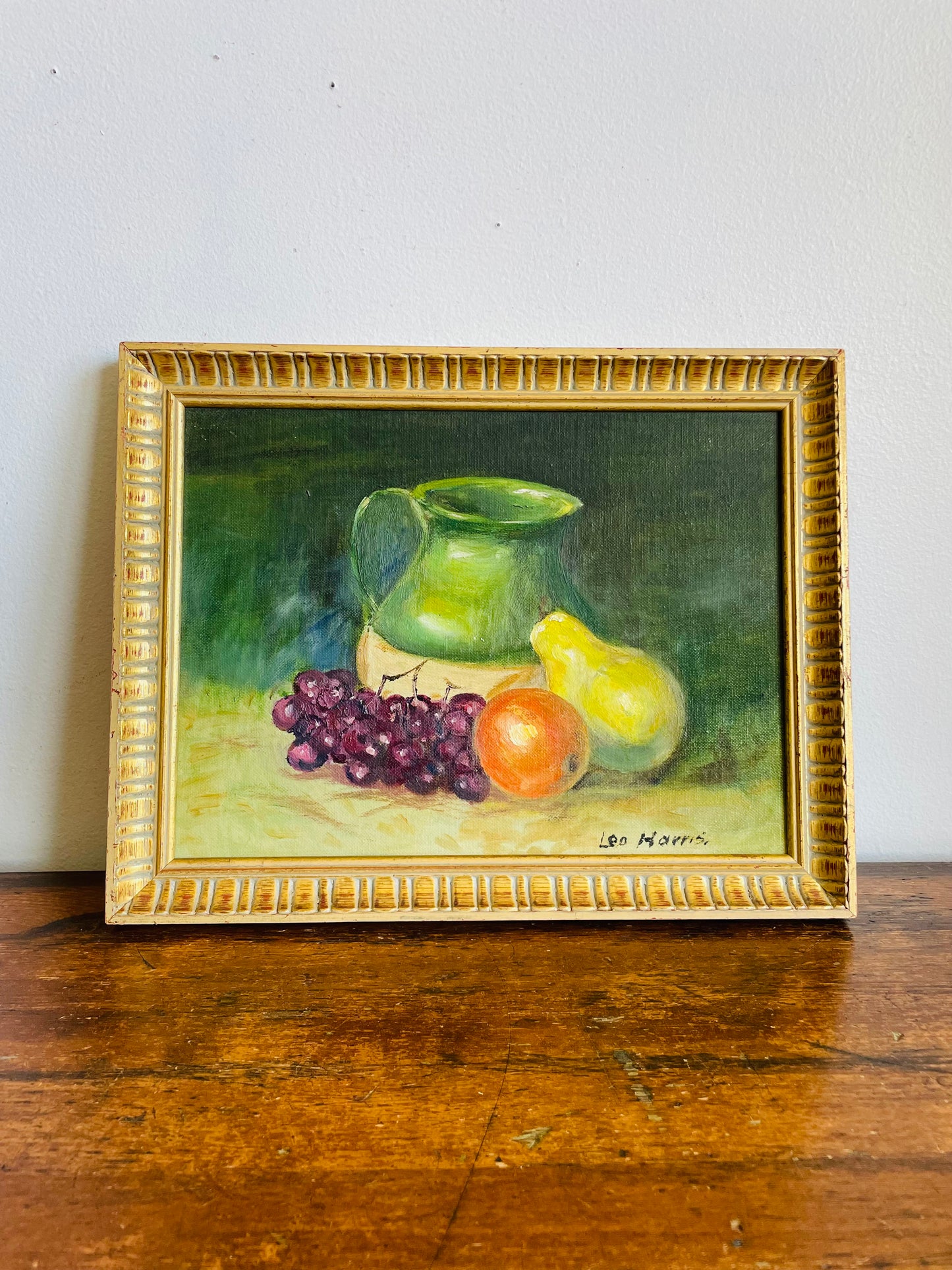 Vintage Original Art Painting of Still Life Scene with Fruit & Pottery Jug - Signed Leo Harris