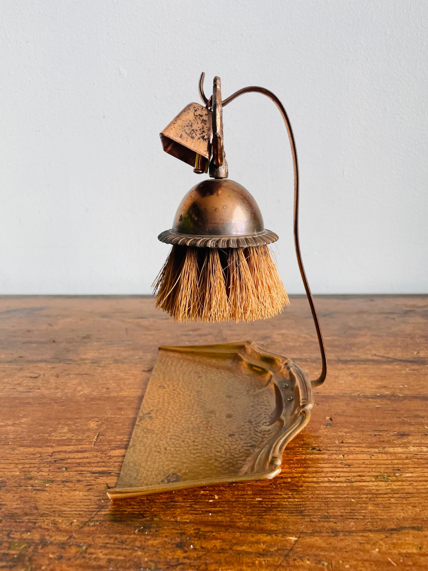 Antique Copper Silent Butler Crumb Catcher Dustpan with Hook Hanger, Brush & Bell - Set of 3 Pieces - Celtic Quality Plate - Made in England