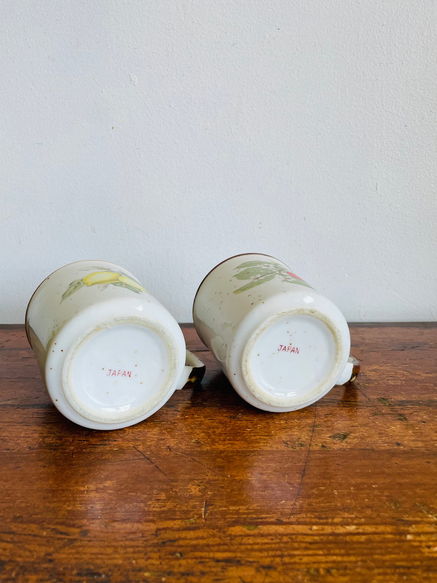 Vintage Speckled Fruit Mugs with Strawberries & Lemons - Made in Japan - Set of 2