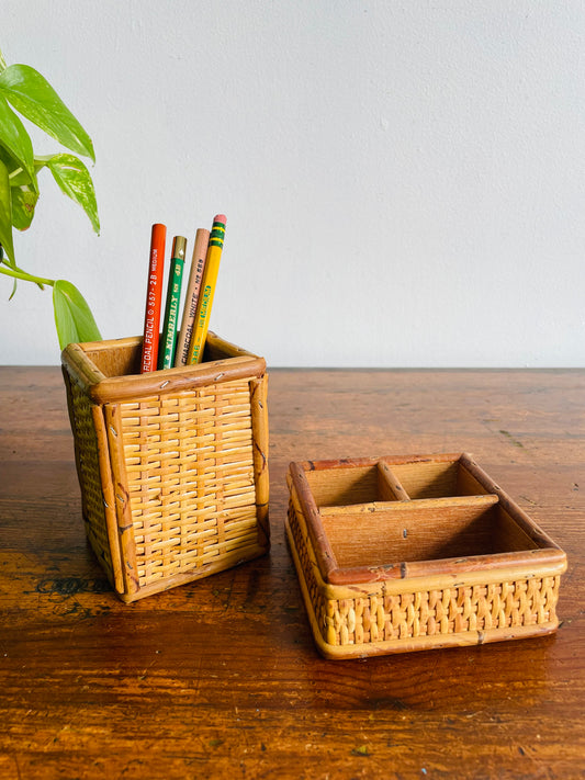Wicker & Wood Desk or Vanity Organizer Box Compartment & Pencil Cup - Made in Hong Kong - Set of 2 Pieces