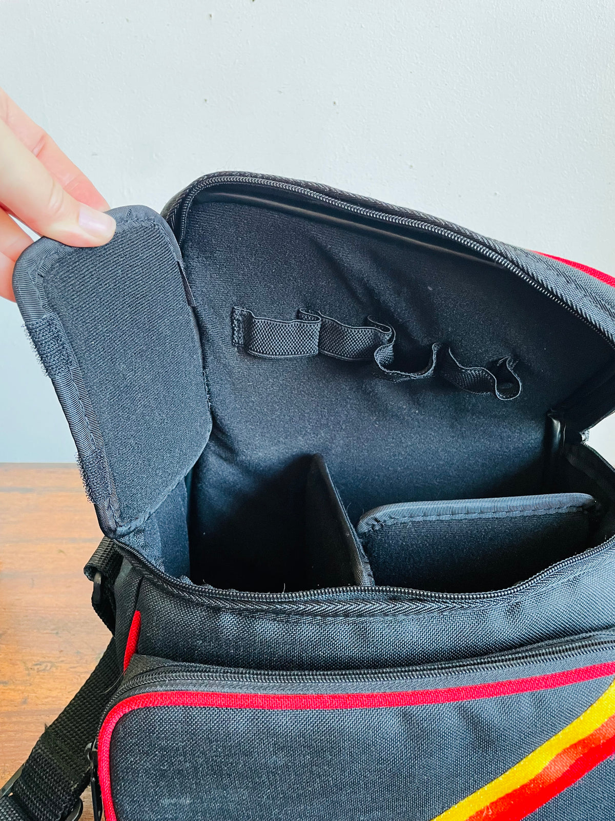 Vintage Black's Photography Camera Shoulder Bag Case with Yellow, Orange & Red Rainbow Stripe Design & Multiple Pockets - Made in Taiwan