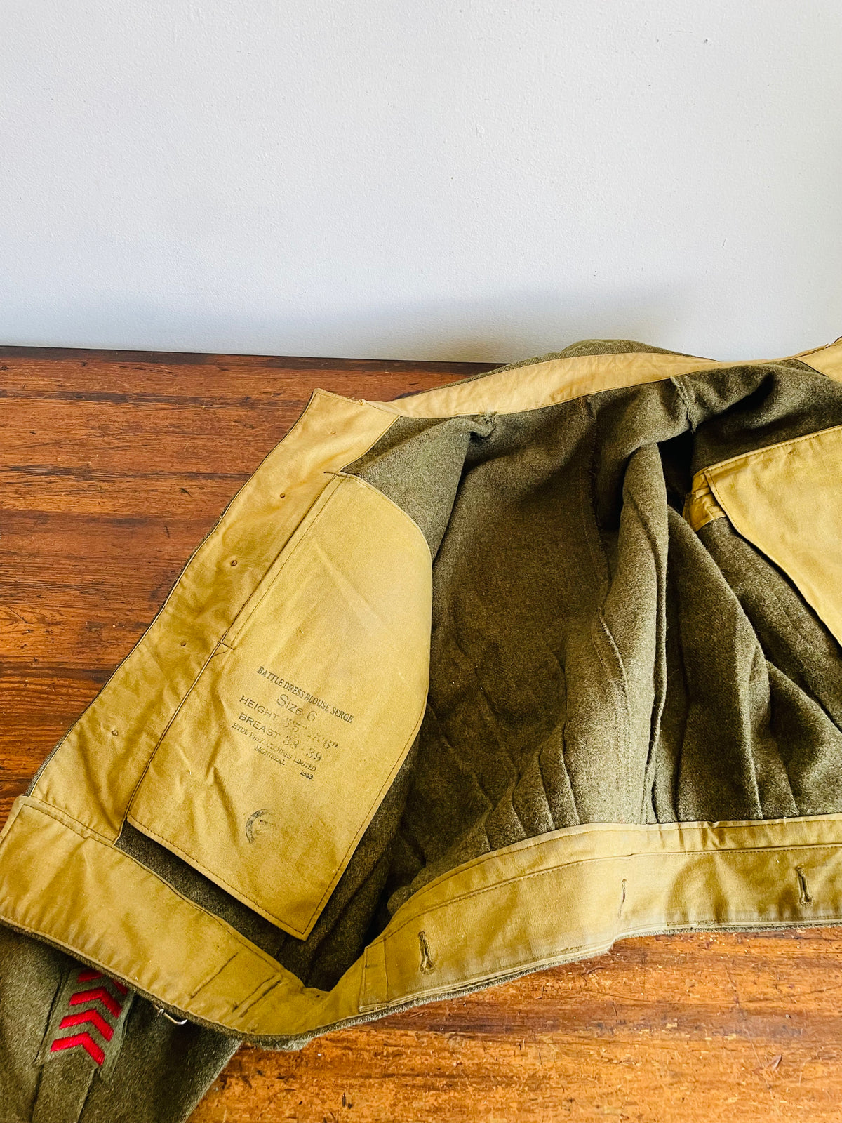 Vintage WW2 1943 Battle Dress Blouse Serge Wool Shirt - Size 6 - 8 LAA RCA - 8th Light Anti-Aircraft Regiment - Royal Canadian Artillery - Made by Hyde Park Clothes Limited Montreal