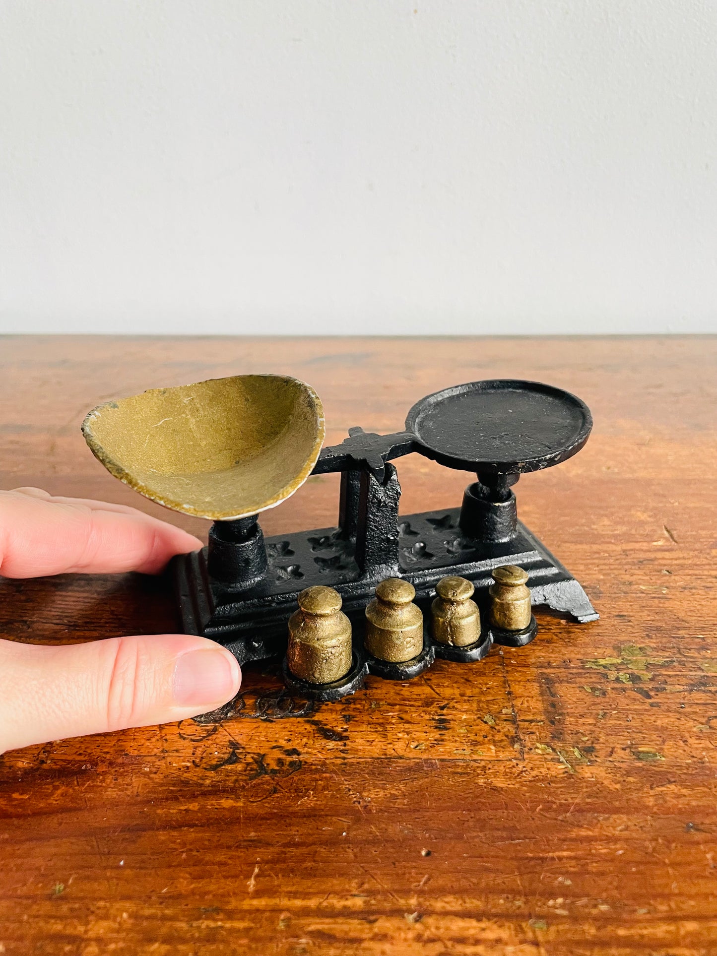 Vintage Solid & Heavy Miniature Cast Iron Balance Scale with Weights