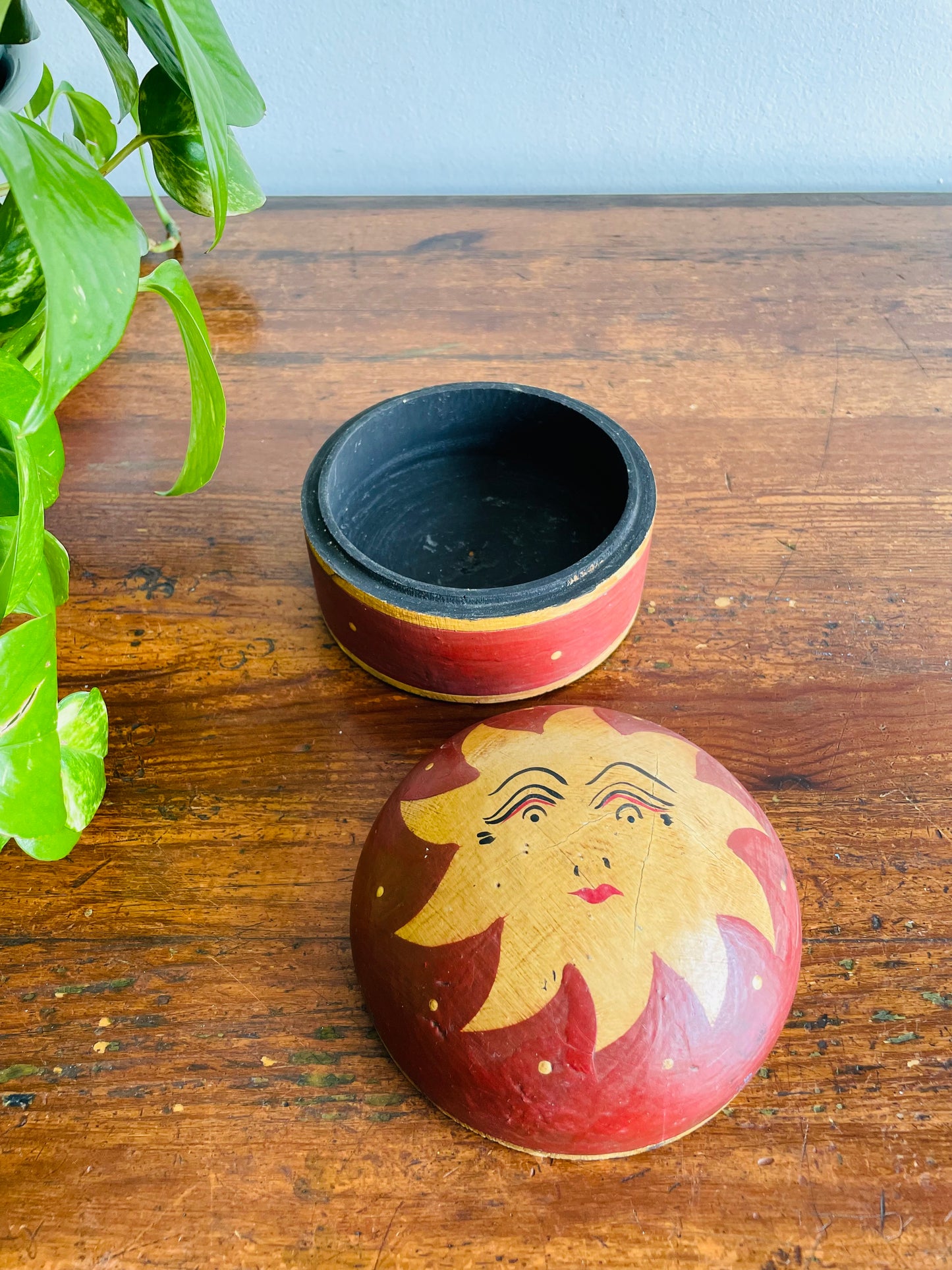 Round Wood Celestial Trinket Box with Sun Design