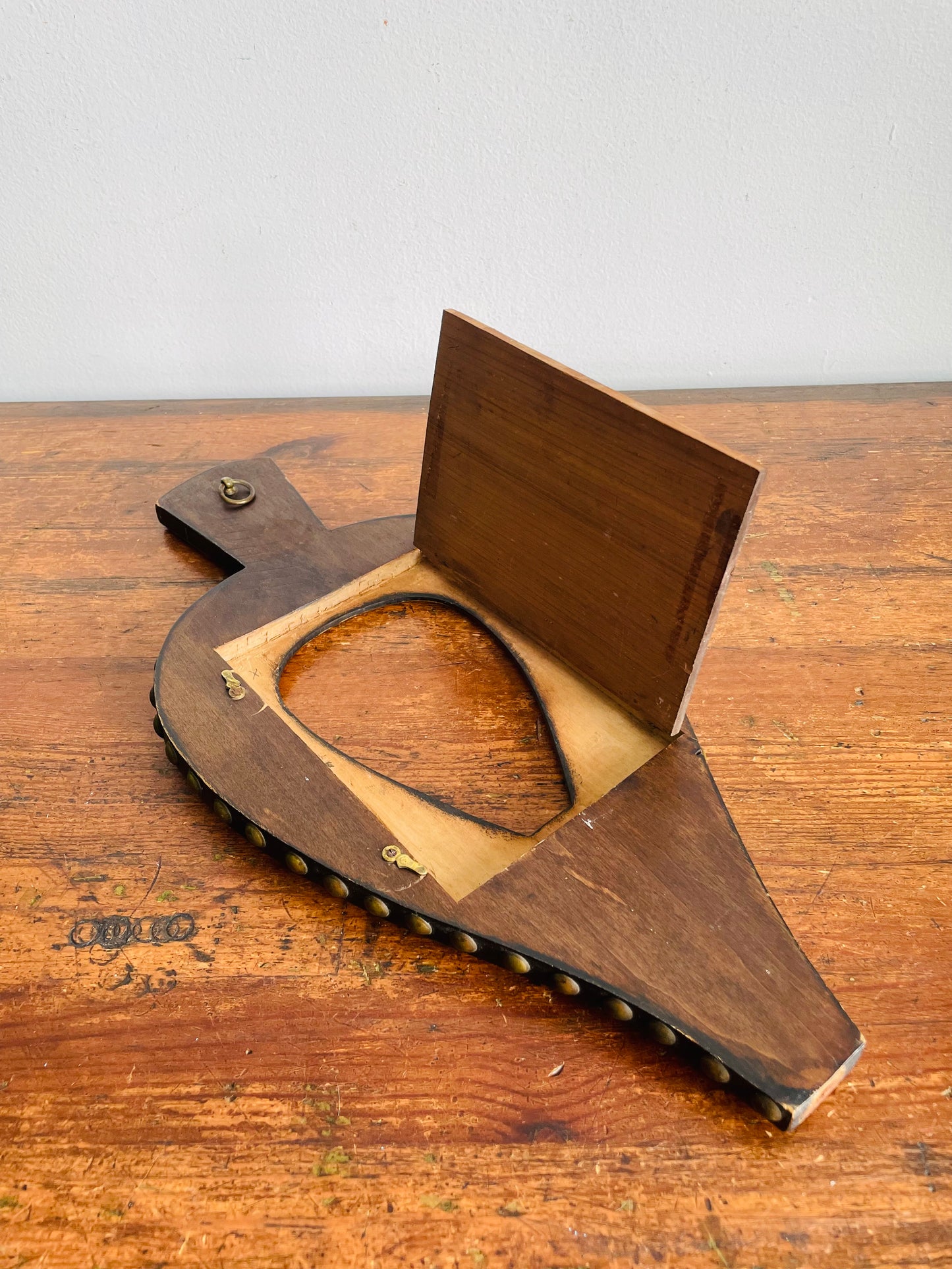 Vintage Handmade & Unique Hanging Wood Picture Frame with Brass Details & Botanical Fern Print - Repurposed Fireplace Bellows? The Most Interesting Frame I've Ever Seen!