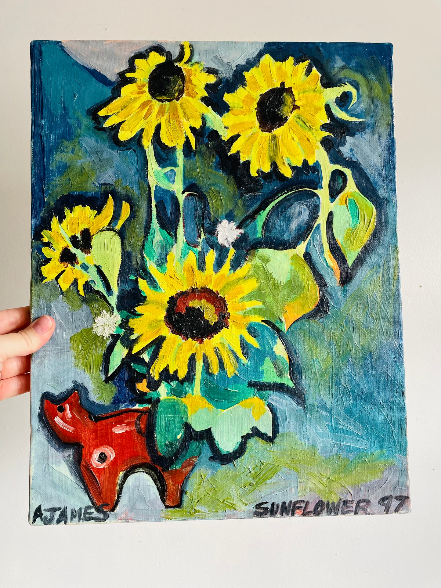 Vintage 1997 Sunflower Garden & Cat Abstract Original Art Painting on Canvas - Artist Signed A. James
