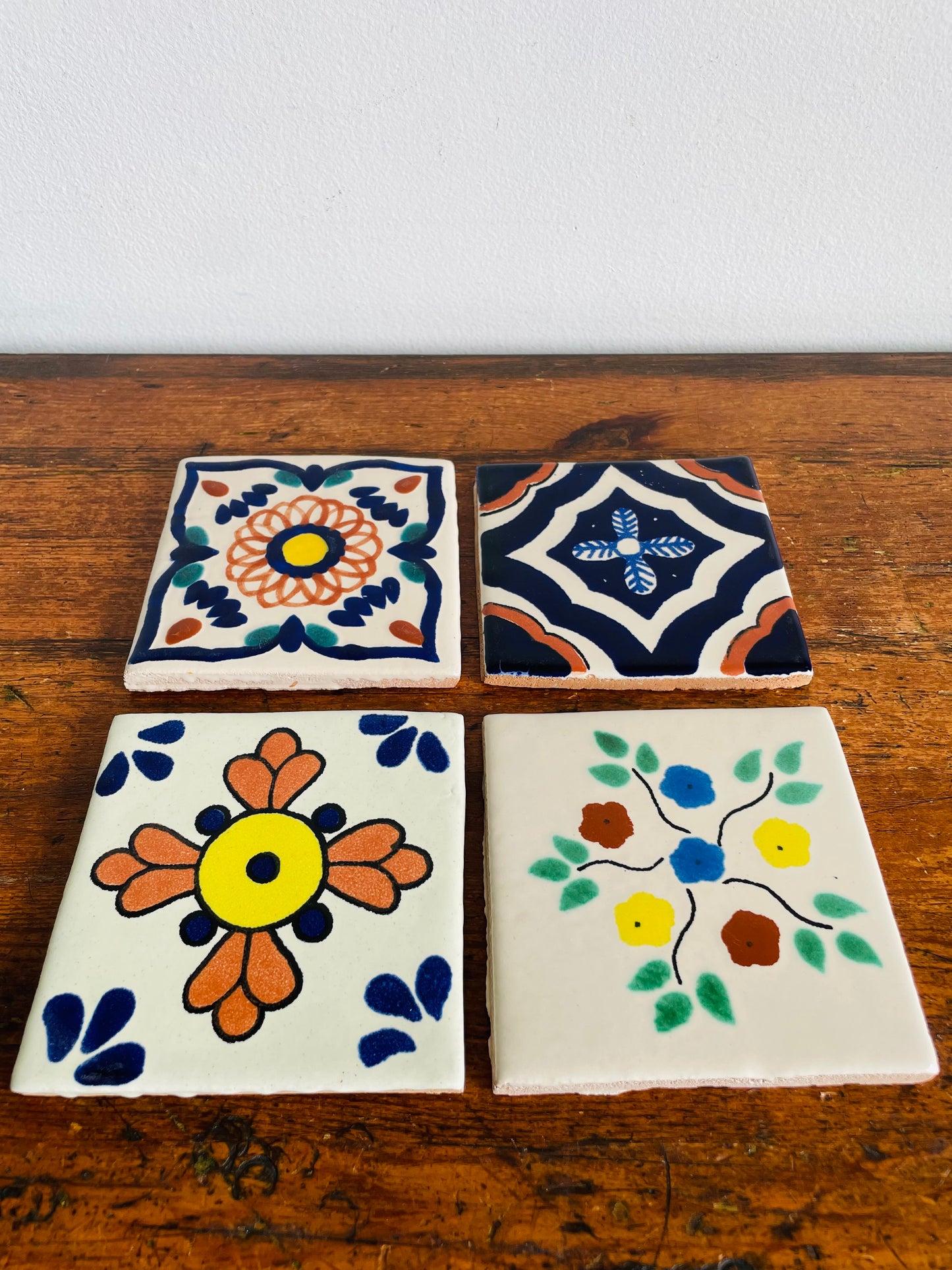 Vintage Hand Painted & Signed Mexican Tiles - Coasters or Art Project - Set of 4