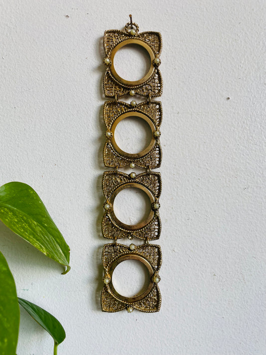 Vintage Gold Metal Openwork & Faux Pearl Quadruple Hanging Picture Frame - Round 1.25" Photo Size