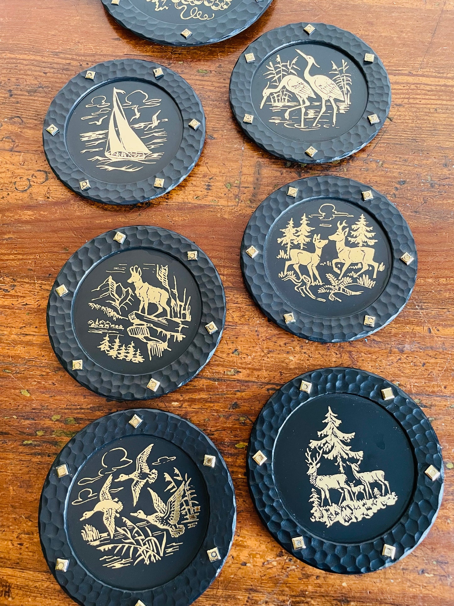 Embossed Gold & Black Woodland Creatures Coasters - Set of 6 with Holder Base