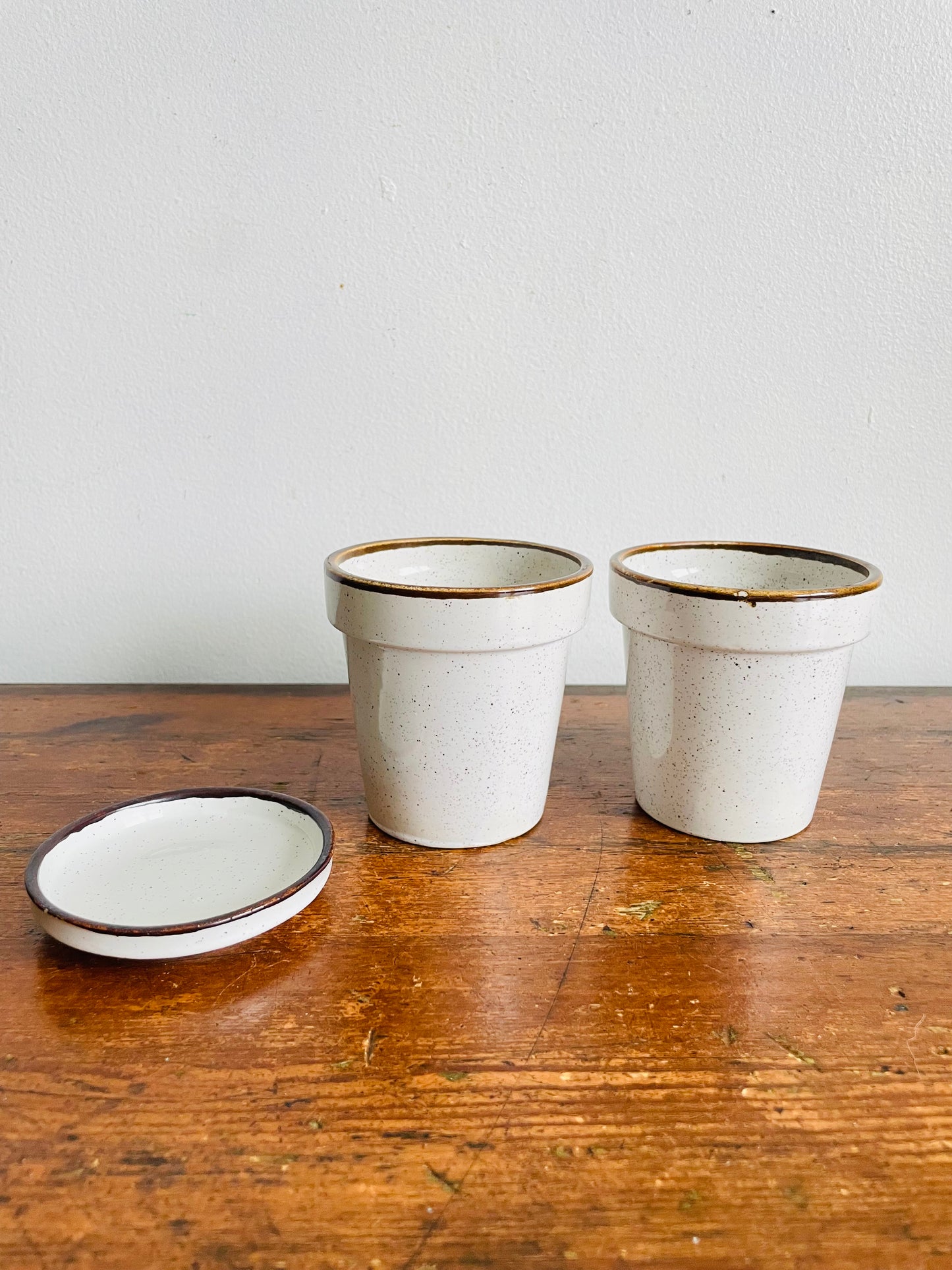 Vintage Takahashi Japan Small Speckled 3" Planter Pots with Pink Flower Design - Set of 3 Pieces - 2 Pots / 1 Pot Saucer