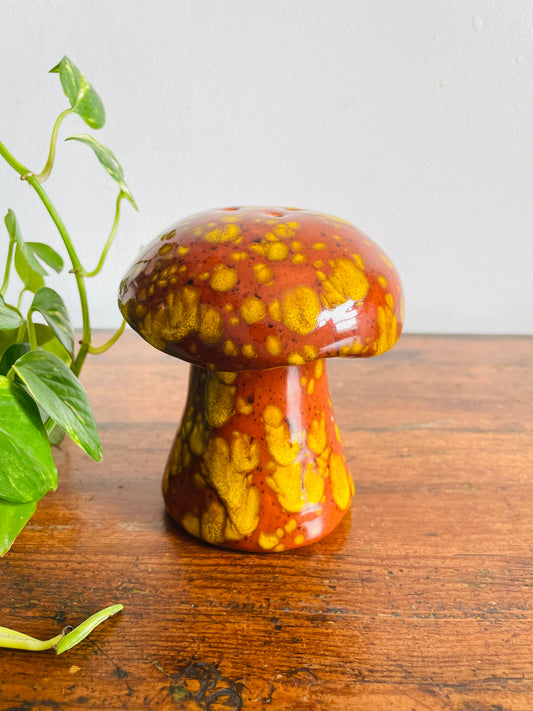 Vintage 1979 Giant Oversized Toadstool Mushroom - Salt, Pepper, Parmesan, Chili Flake Shaker or Decor - Brown & Yellow Acid Drip Glaze
