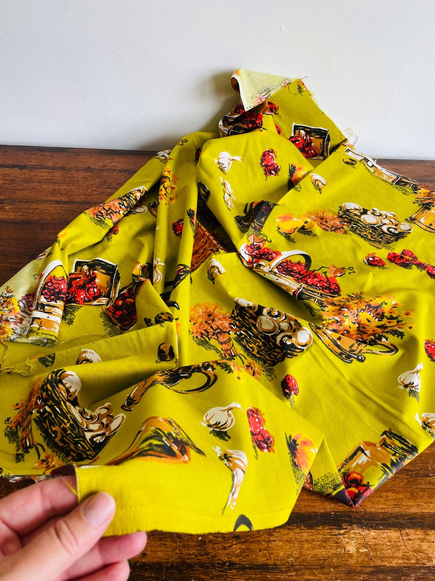Bright Chartreuse Coloured Fabric with Fun Vegetable, Fruit, & Flower Harvest Design