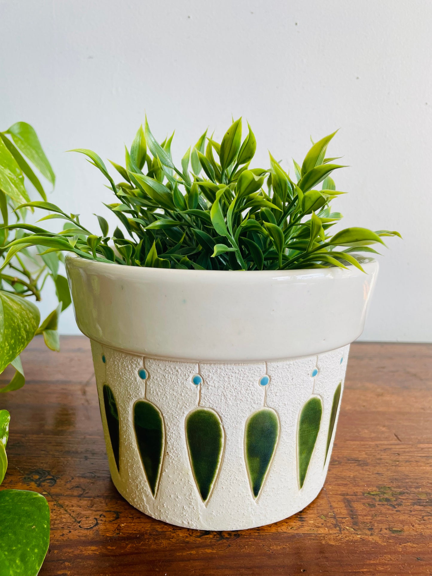 Vintage Mid-Century Modern 7" Textured White Planter Pot with Green & Blue Design