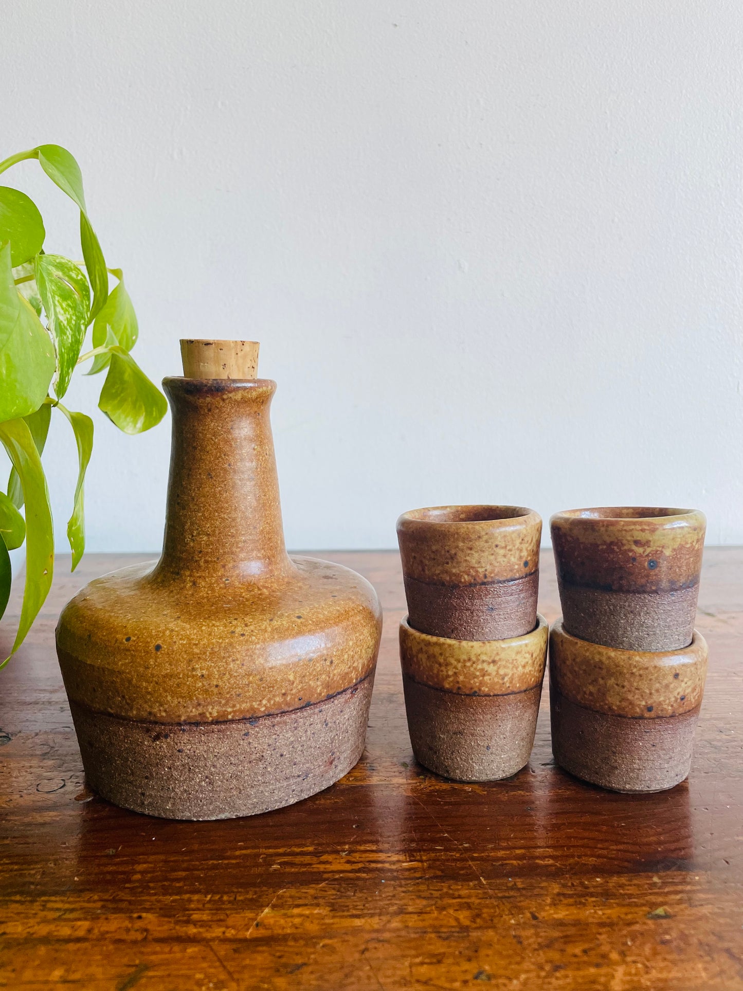 1971 Studio Art Pottery Speckled Brown Stoneware Liquor Decanter Set with 4 Shot Glasses