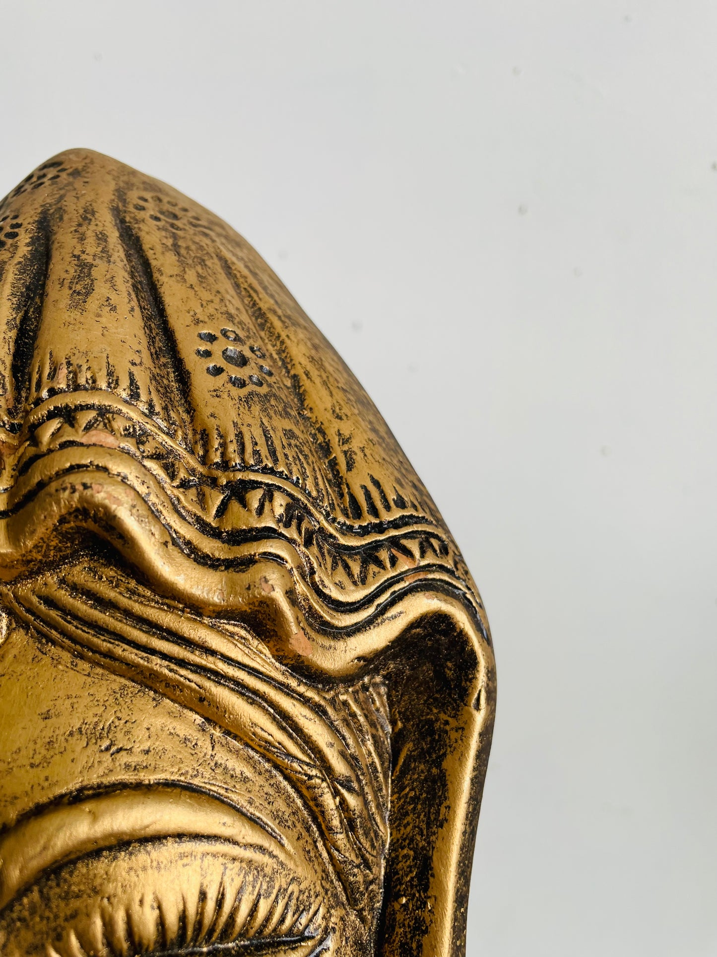Vintage Stunning Long & Narrow Terracotta Clay Painted Gold Wall Hanging Face Sculpture - No Shipping