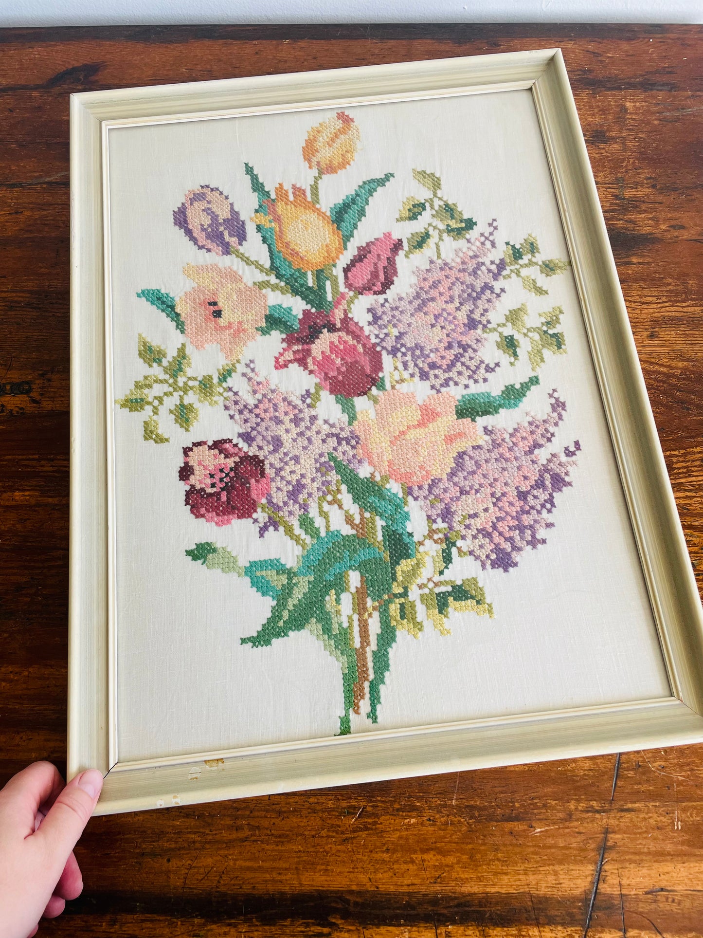 Framed Floral Bouquet Cross-Stitch Needlepoint Embroidery Picture on White Background