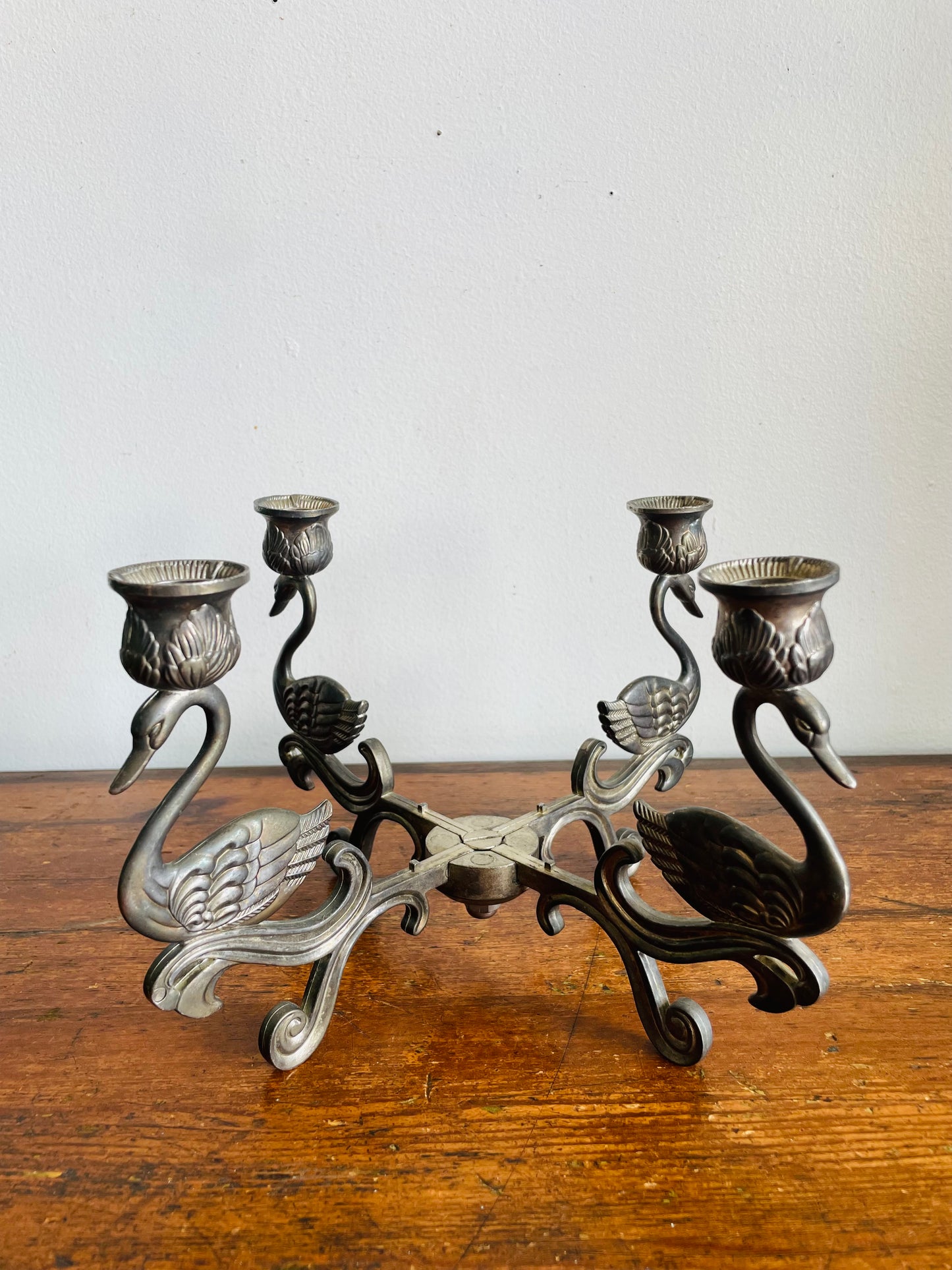 Vintage 1980s Art Deco Style Swimming Swan Birds Silver Plate Candelabra - 4 Point Candle Holder with Centrepiece Bowl Space