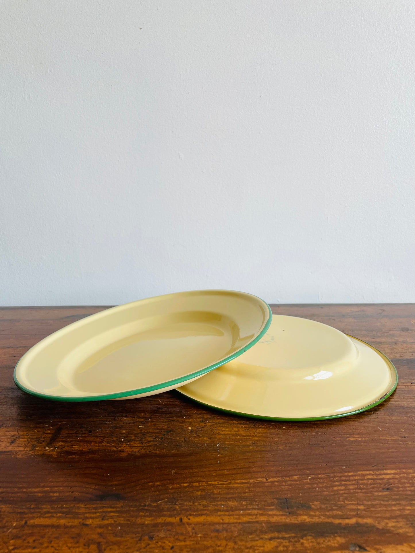 Vintage Goldfish & Peacock Brand Enamelware Plates - Pale Yellow with Green Rims - Set of 2