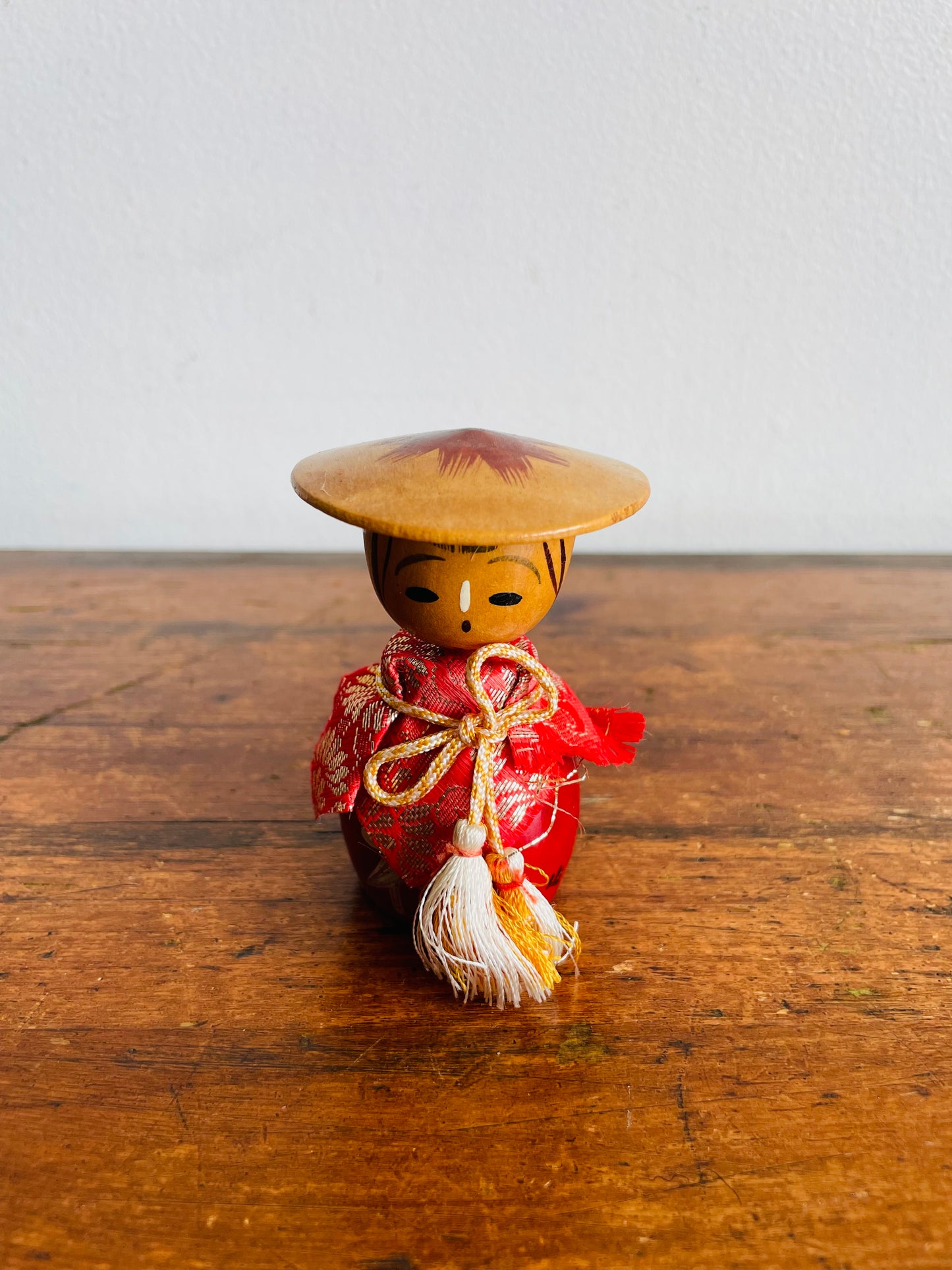 Vintage 3" Tall Japanese Wooden Kokeshi Bobblehead Doll in Red Fabric Dress with Belt & Hat