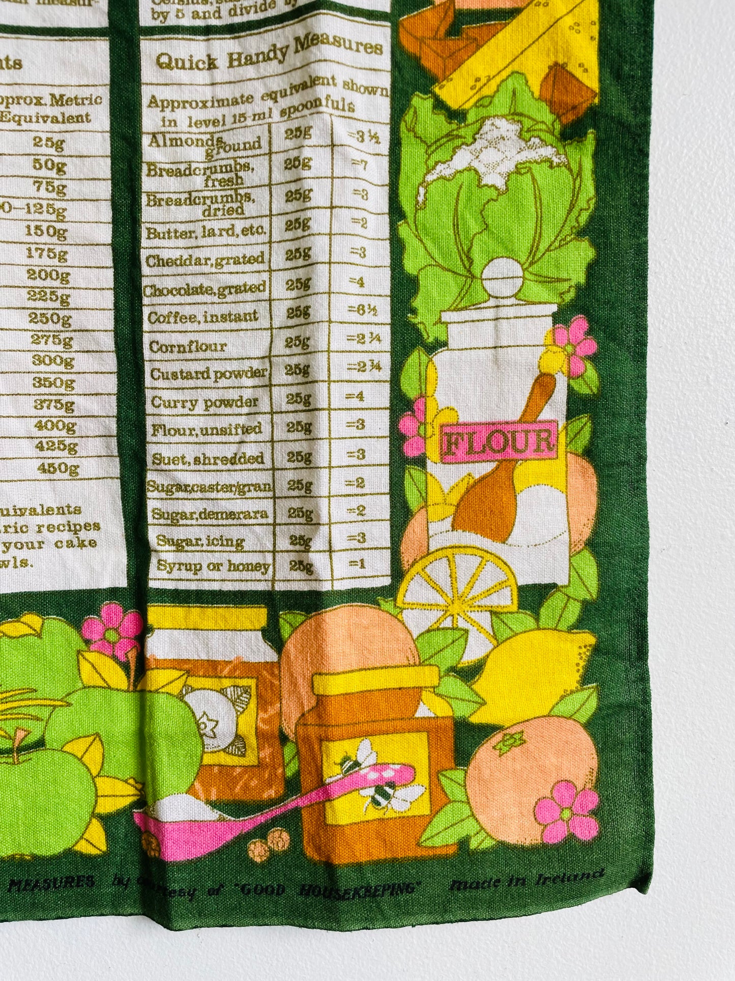 Vintage Irish Linen Tea Towel with Measuring In Metrics Guide & Adorable Bright Graphics - Old Bleach Made in Ireland