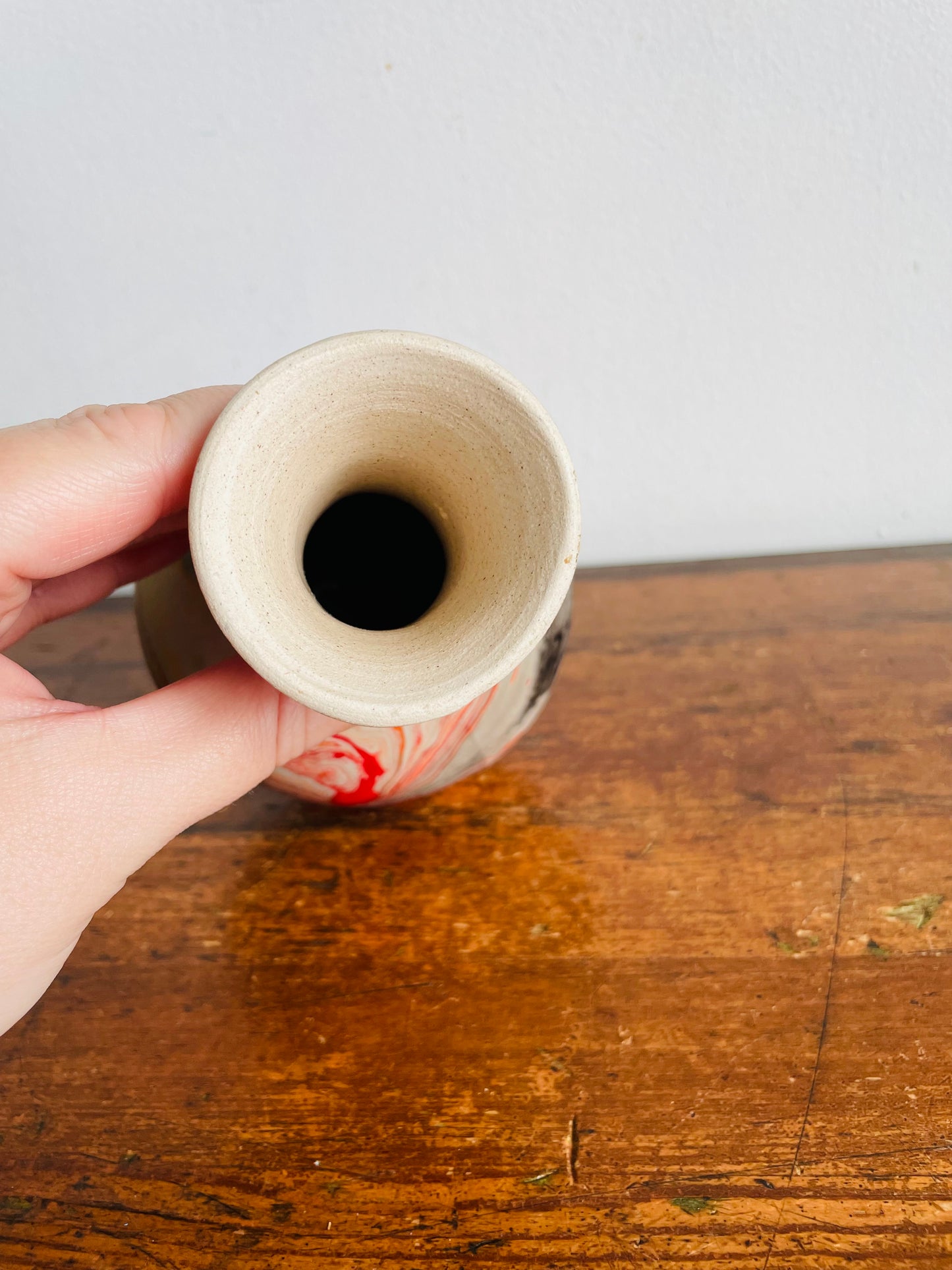 Vintage Nemadji Clay Pottery Vase - Red, Orange & Black Marbled Swirl Pattern - 6.5” Tall