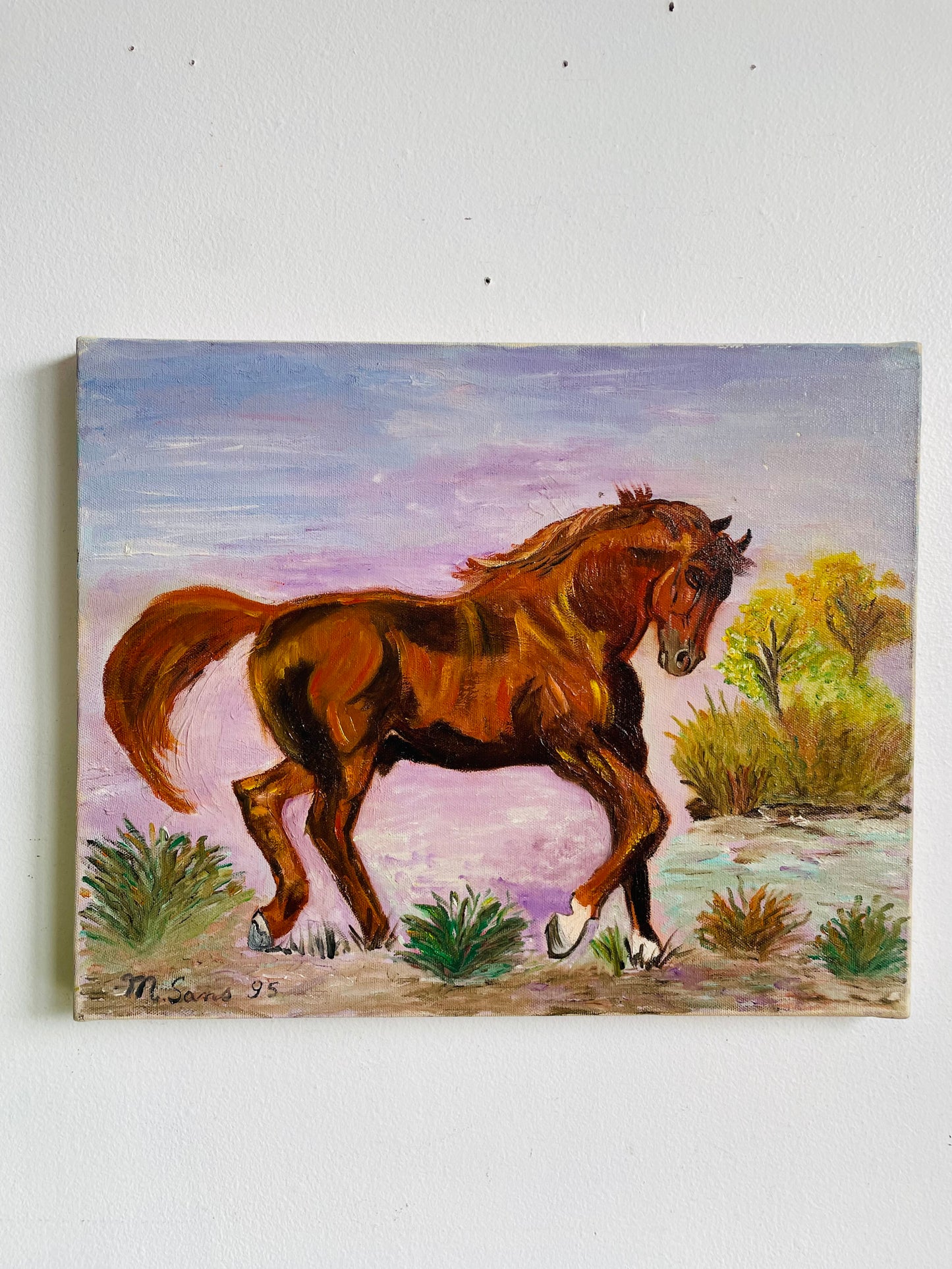 Vintage 1995 Original Art Painting Equestrian Picture of Prancing Brown Horse with Purple Sky - Artist Signed