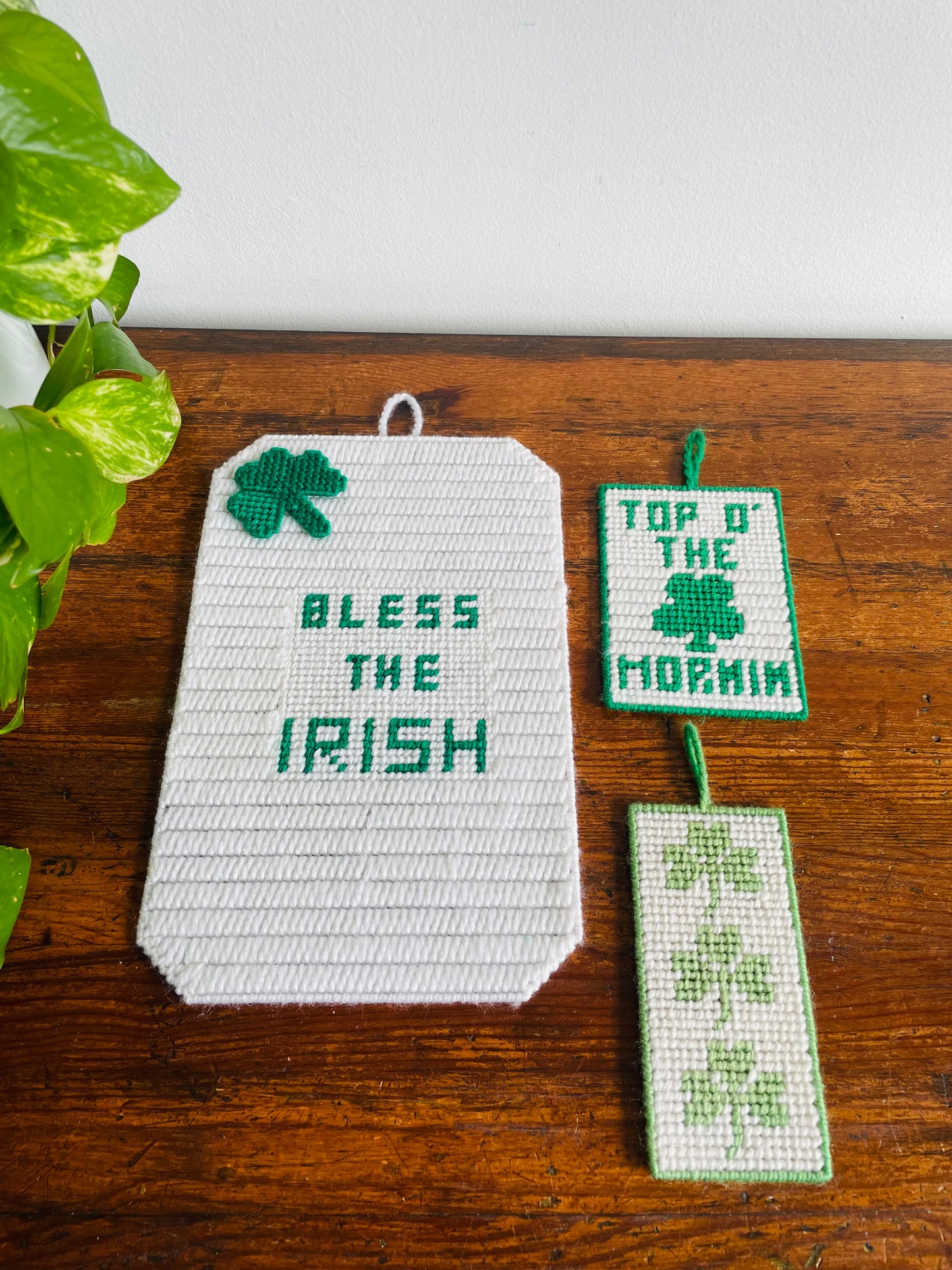 St. Patrick's Day Holiday Bundle of Plastic Canvas Art Decorations - Bless The Irish, Top O' The Mornin, & Shamrock Graphics - Set of 3