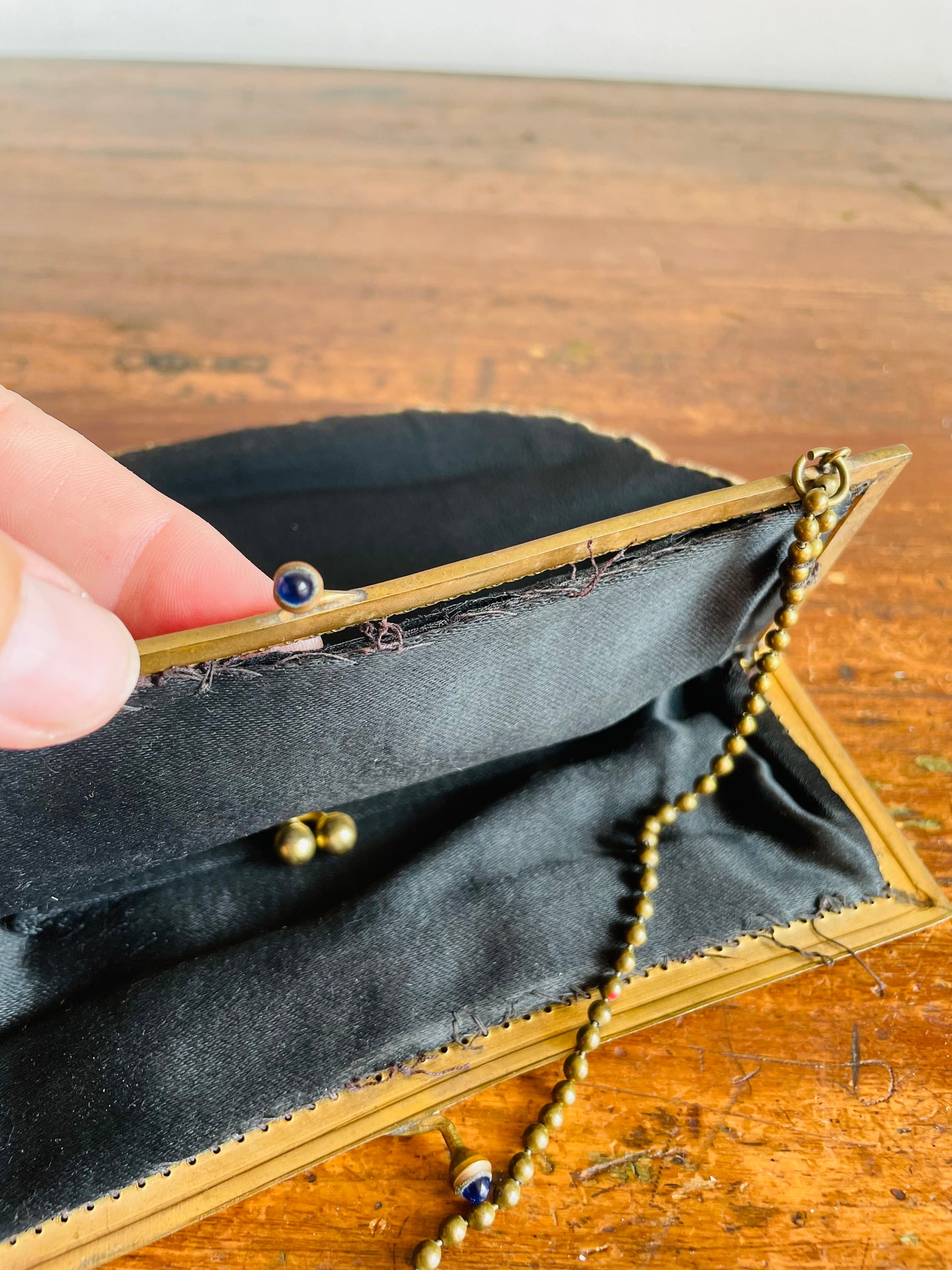 Delicate 1920s Black Evening Bag Purse on Brass Chain with Floral Petit Point Embroidery - Has Attached Coin Purse Inside