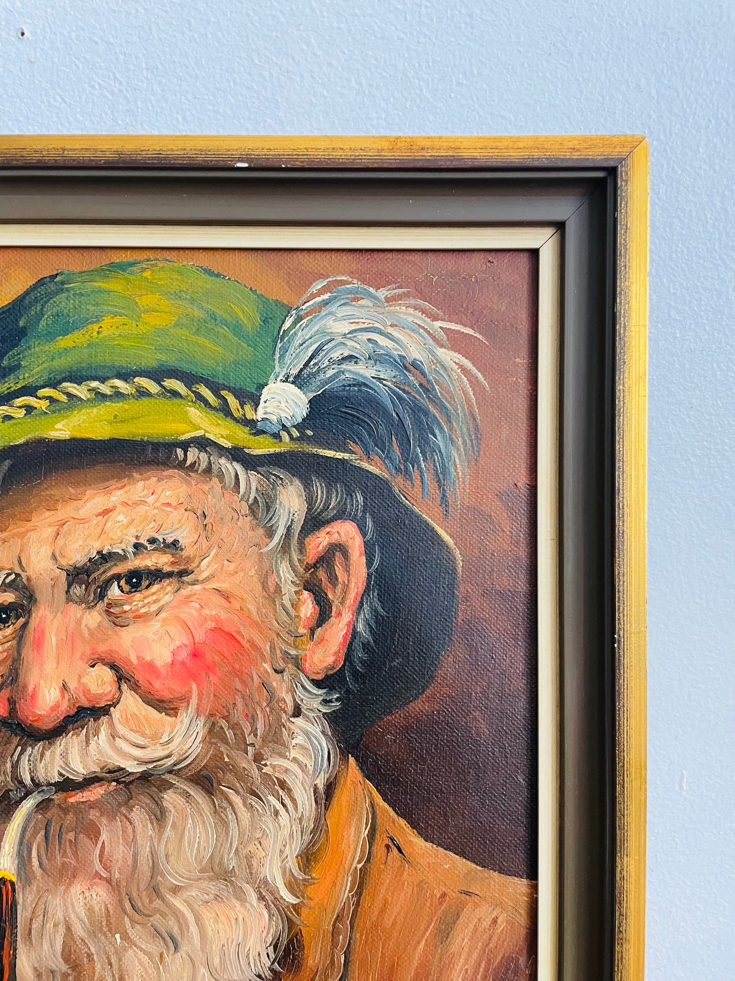 Vintage Original Art Painting Picture - Portrait of a Bavarian Man Wearing a Tyrolean Hat with Feather Plume & Smoking a Pipe