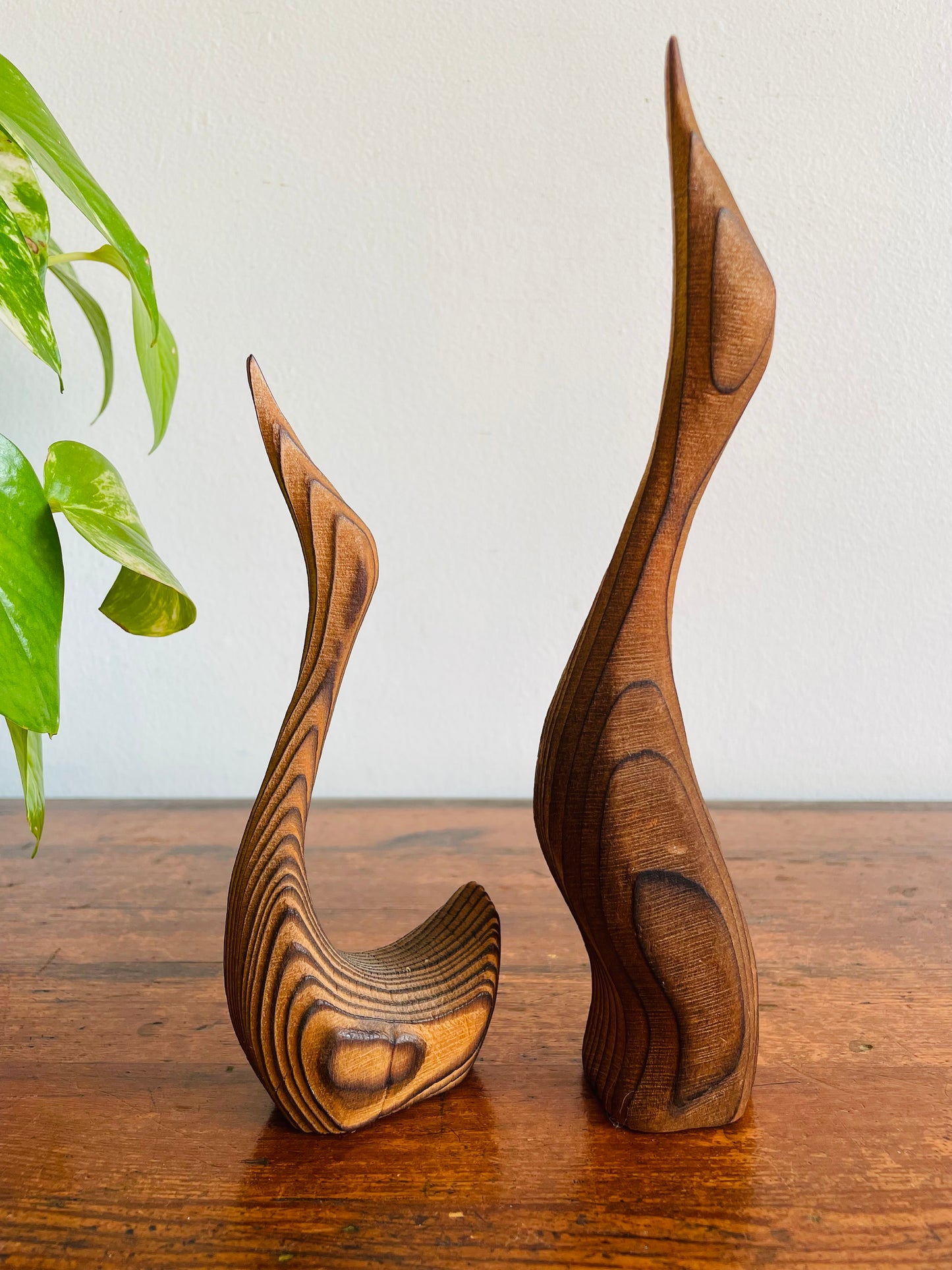 Mid-Century Modern Carved Redwood Birds by Oscar W. Johnston - Set of 2