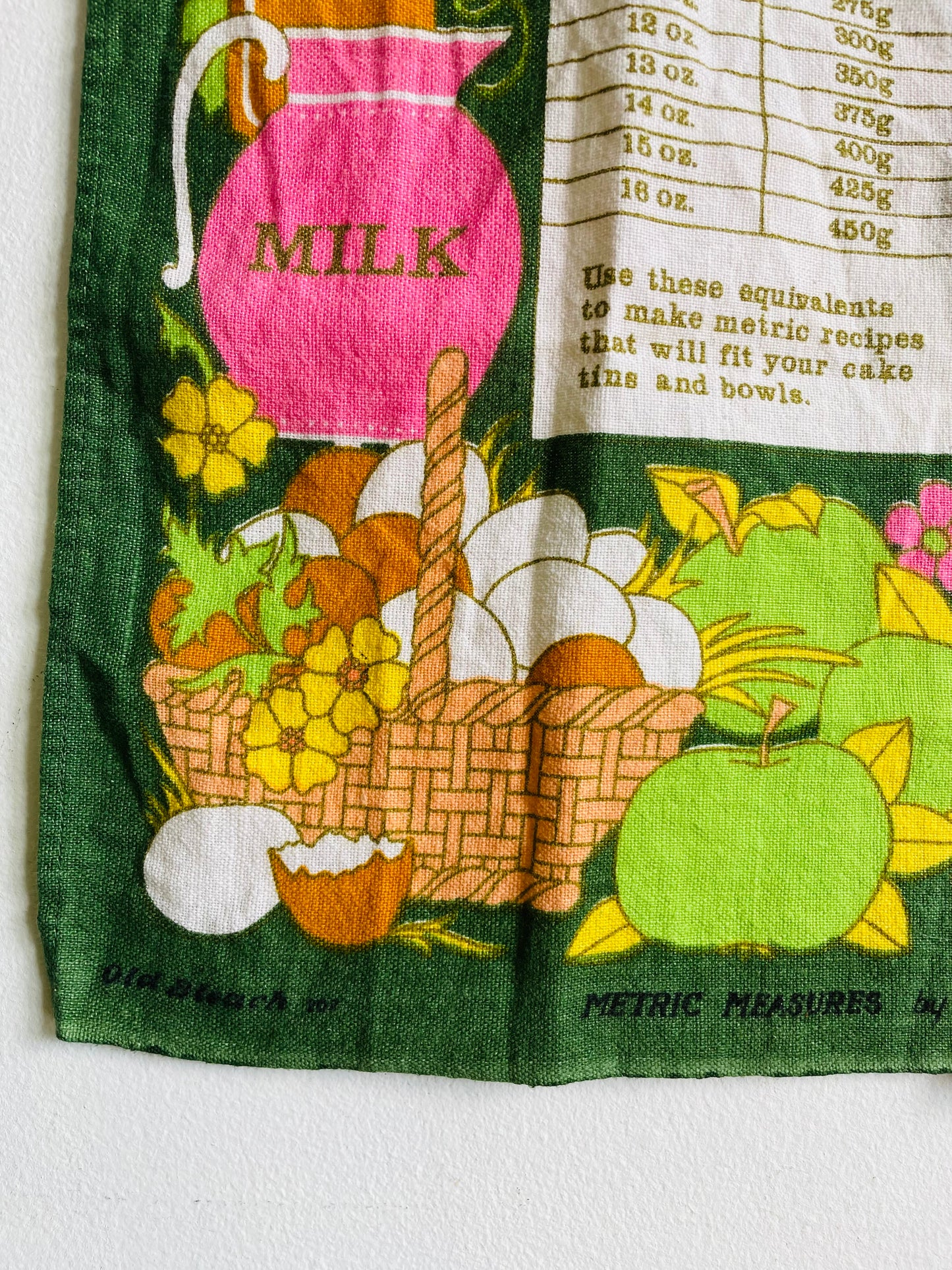 Vintage Irish Linen Tea Towel with Measuring In Metrics Guide & Adorable Bright Graphics - Old Bleach Made in Ireland