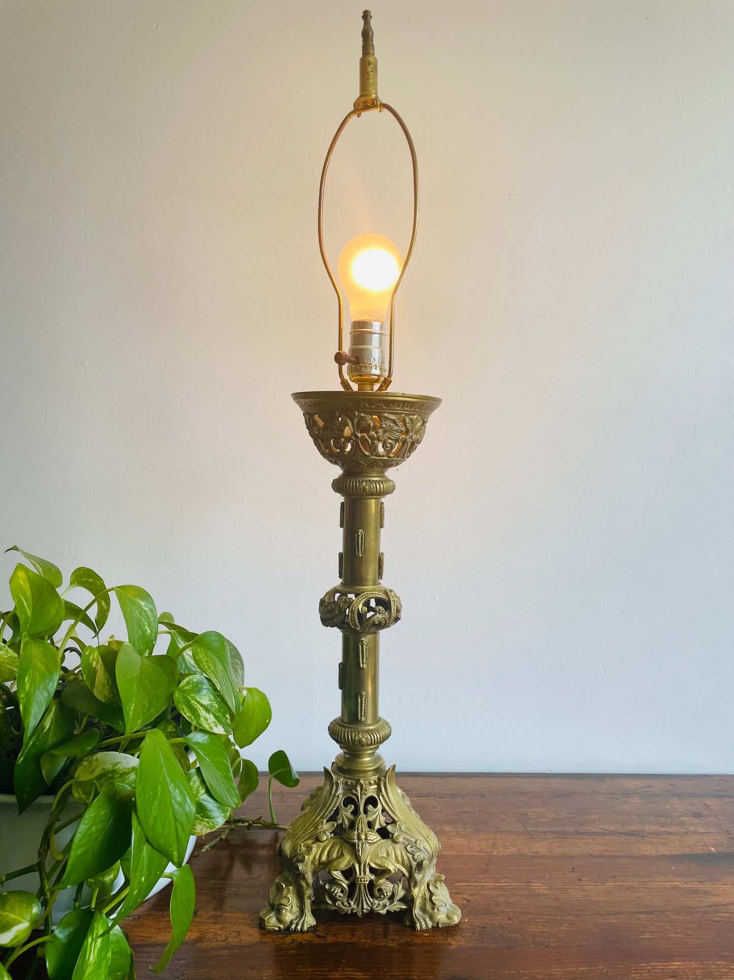 Antique Heavy Solid Brass Church Altar Candle Holder Turned Into Lamp - Originally from Montreal