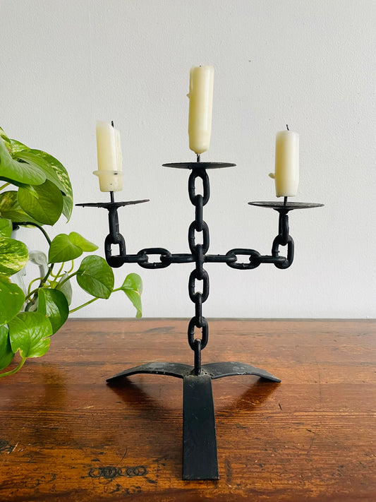 Brutalist Wrought Iron Chain Link Candelabra Candle Holder