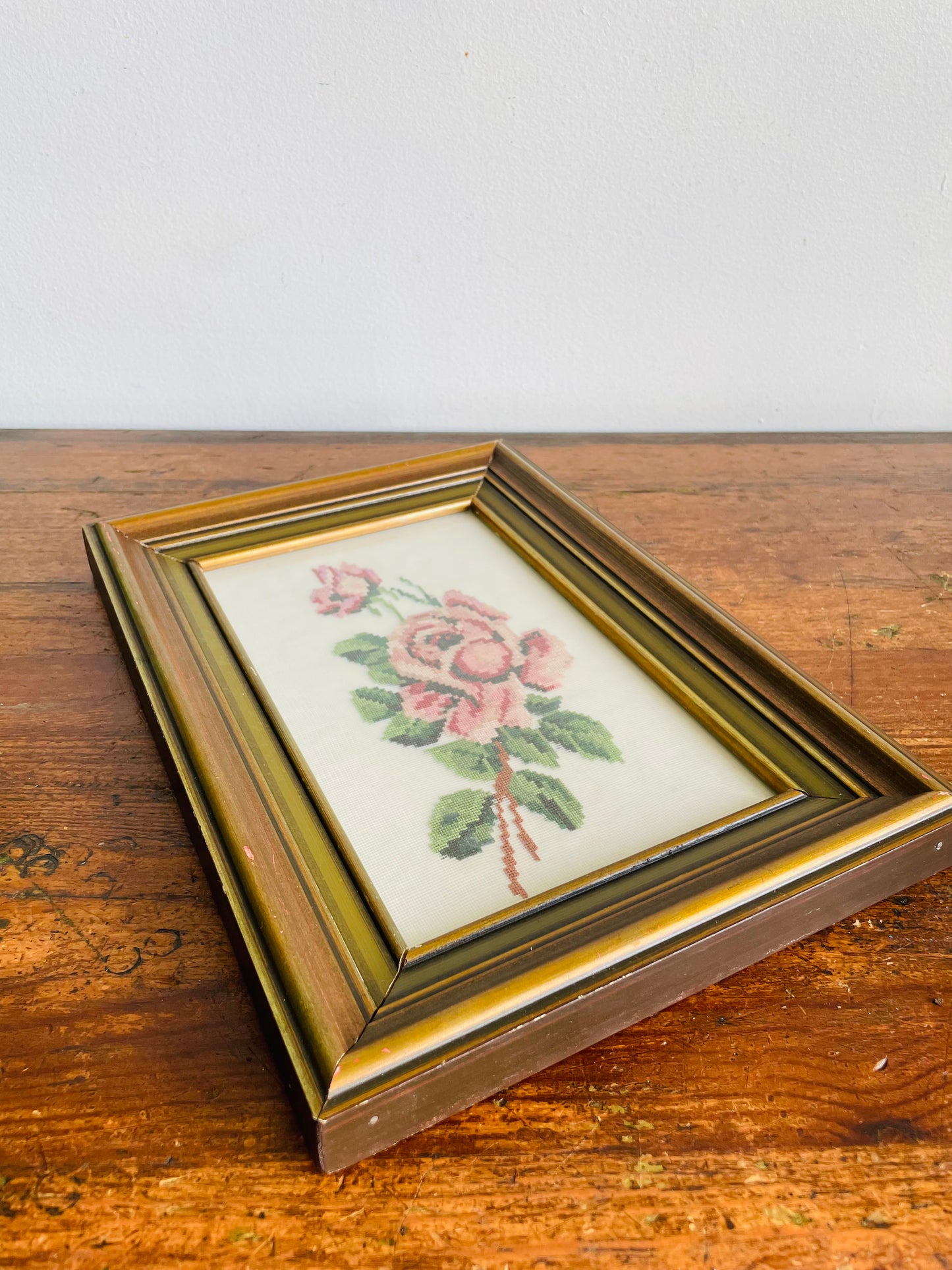 Vintage Pink Rose Flower Petit Point Needlepoint Embroidery Picture