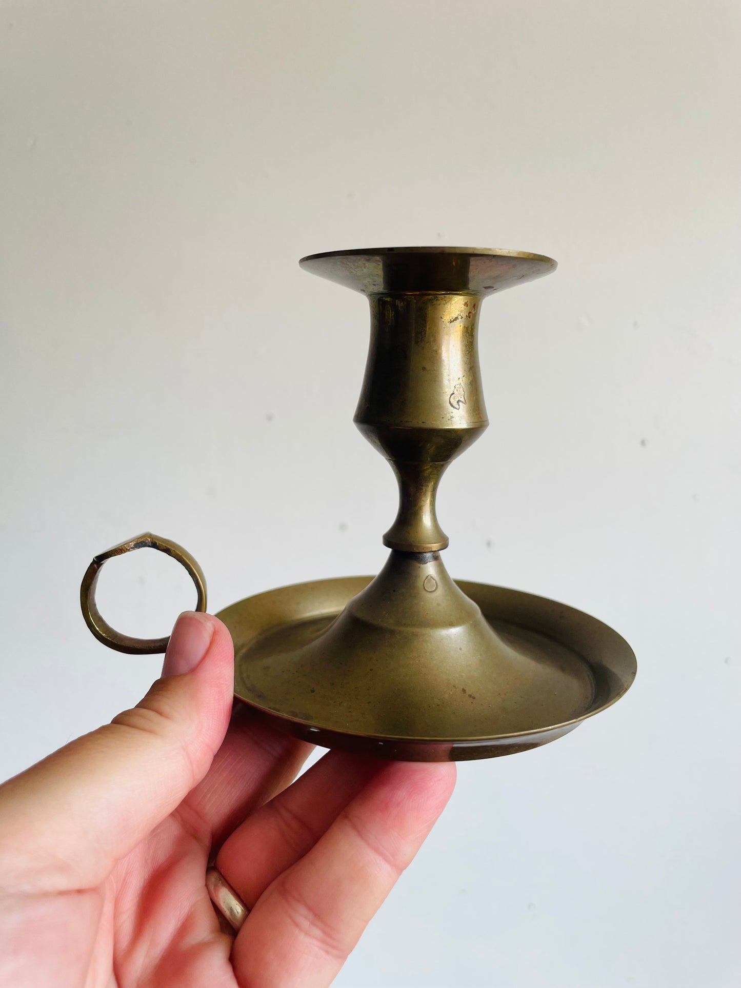 Vintage Brass Chamberstick Candle Holder with Muted Patina
