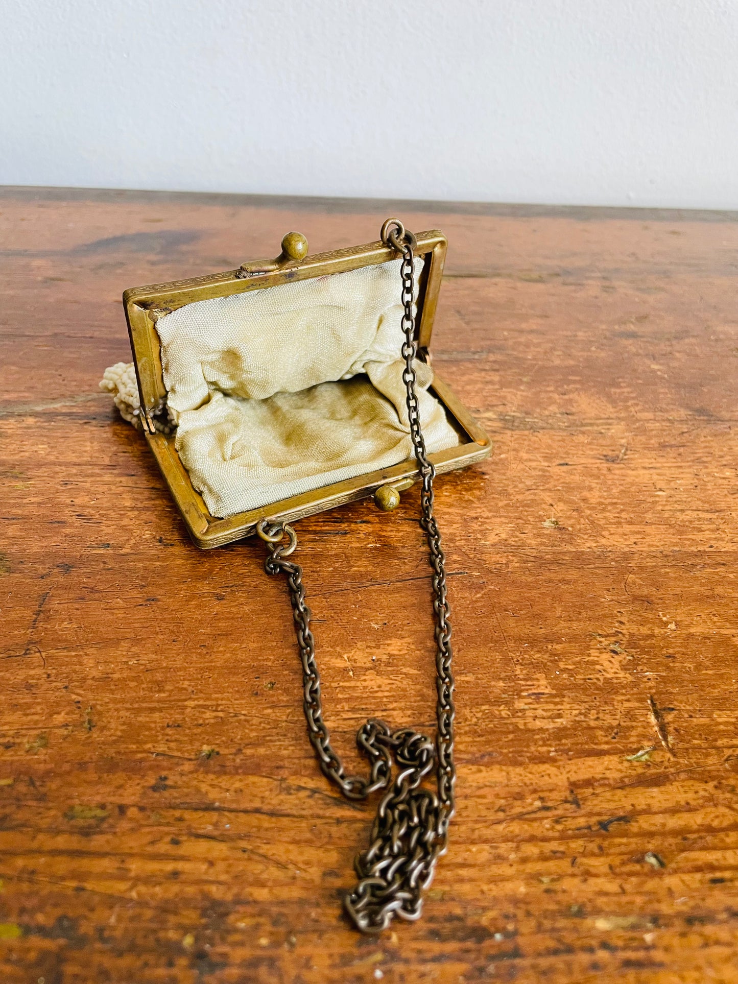 Antique Delicate & Dainty Hand Beaded Tiny Pouch Purse on Brass Chain
