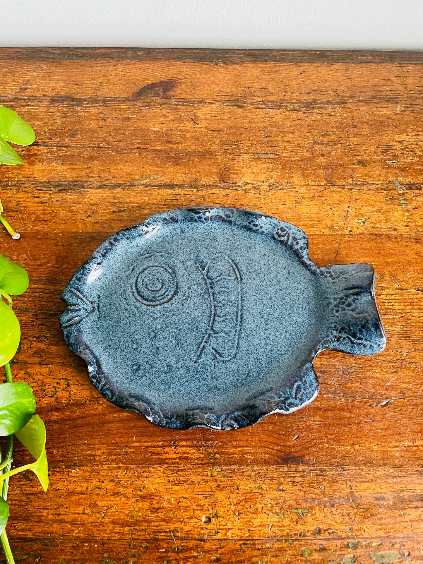 I'll Have the Fish Platter! Vintage Studio Art Pottery Wavy Speckled Blue Fish Plate - Artist Signed