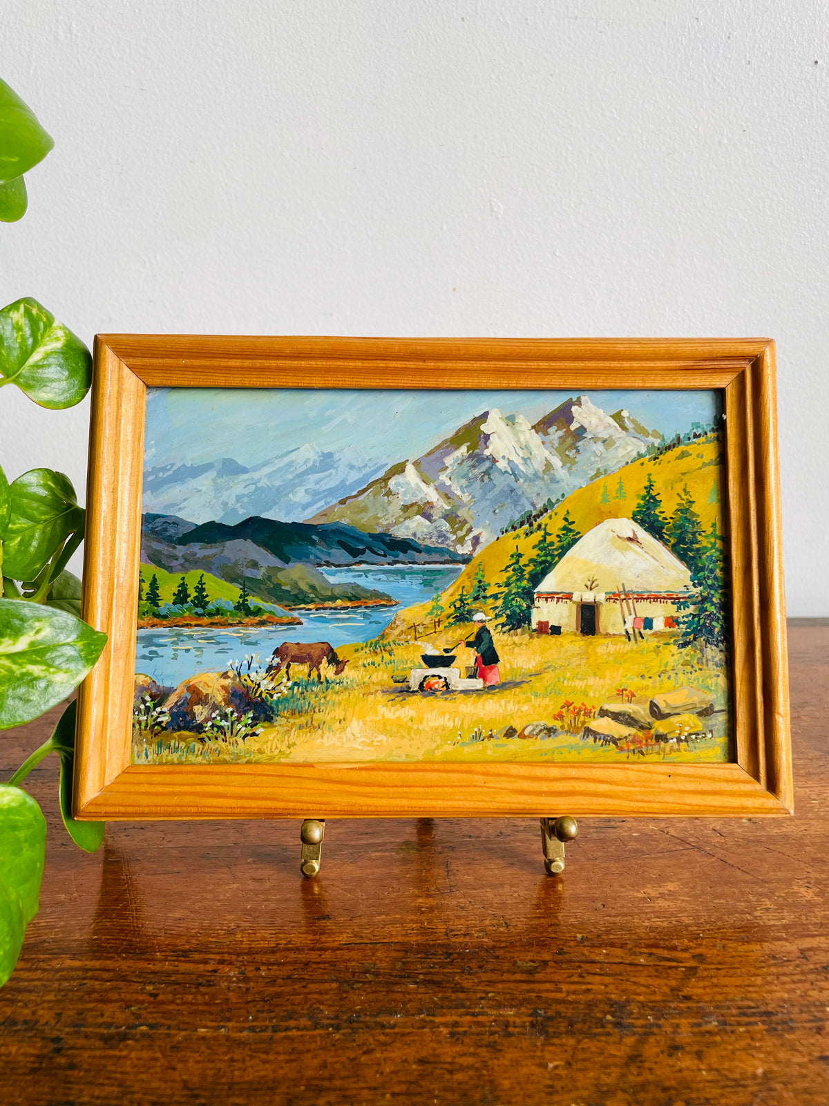 Vintage Original Art Painting Picture of Central Asian Landscape Scene - Yurt House, Mountains, Stream, Horse & Person Cooking Over Fire