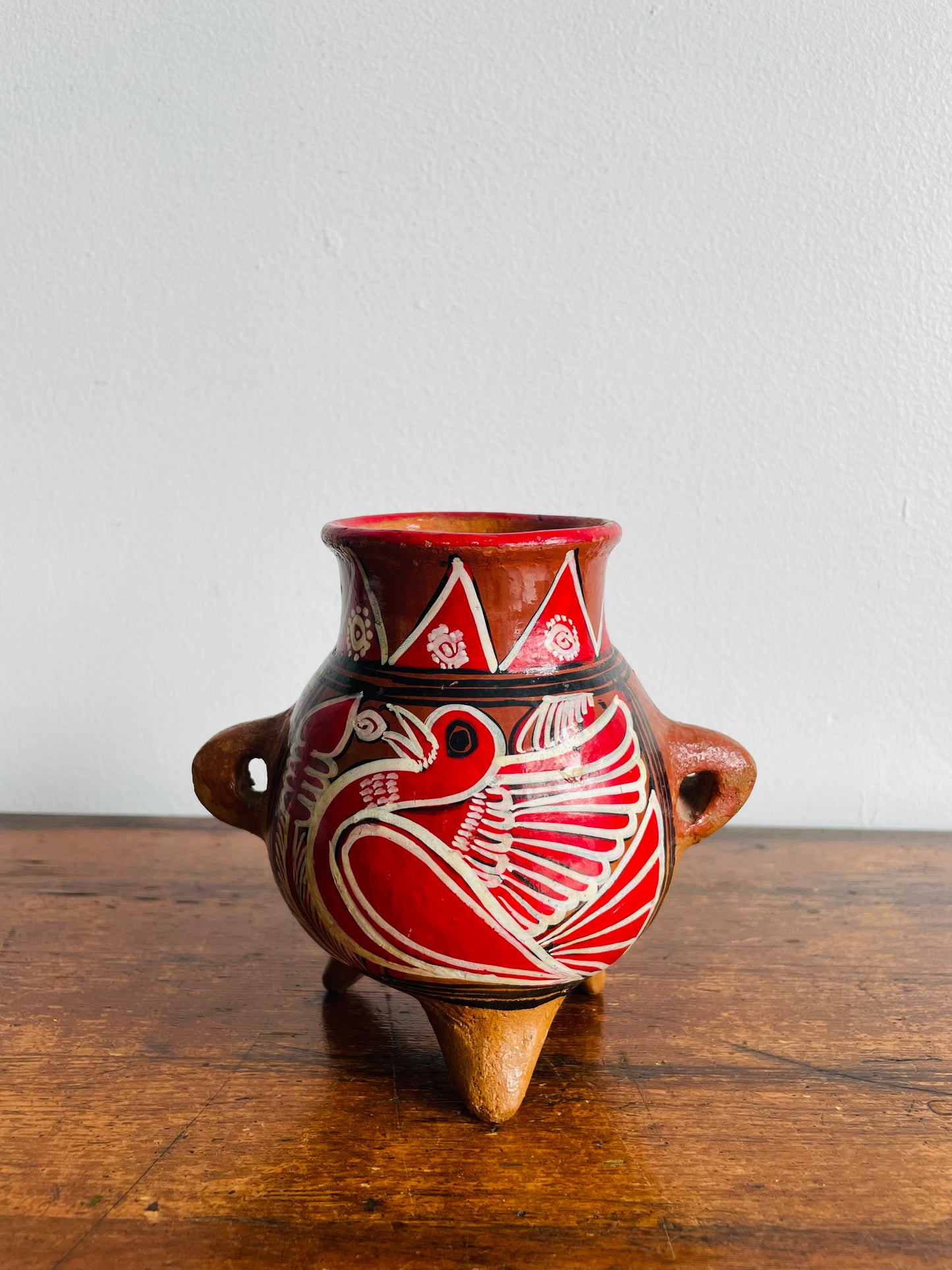 Mexican Folk Art Pottery Footed Vase Vessel with Handles & Bird Design