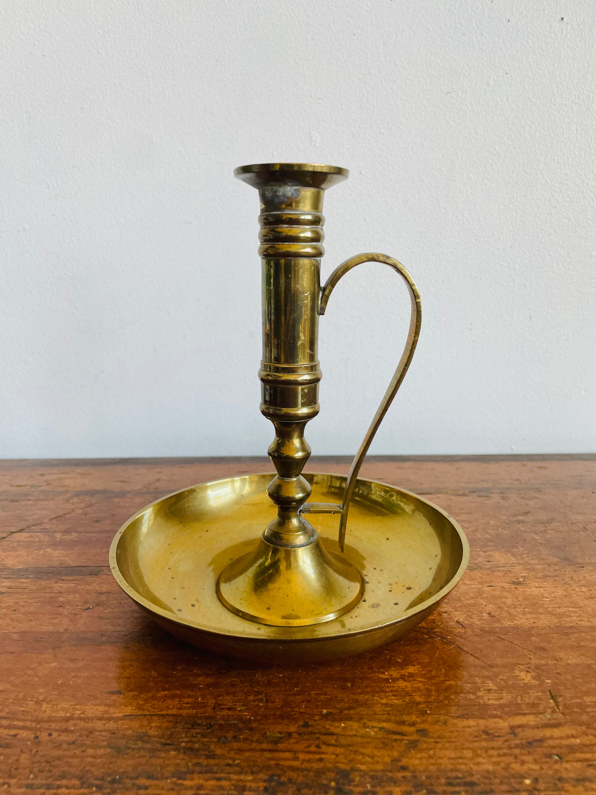 Vintage Tall Solid Brass Chamberstick Candle Holder - Made in India