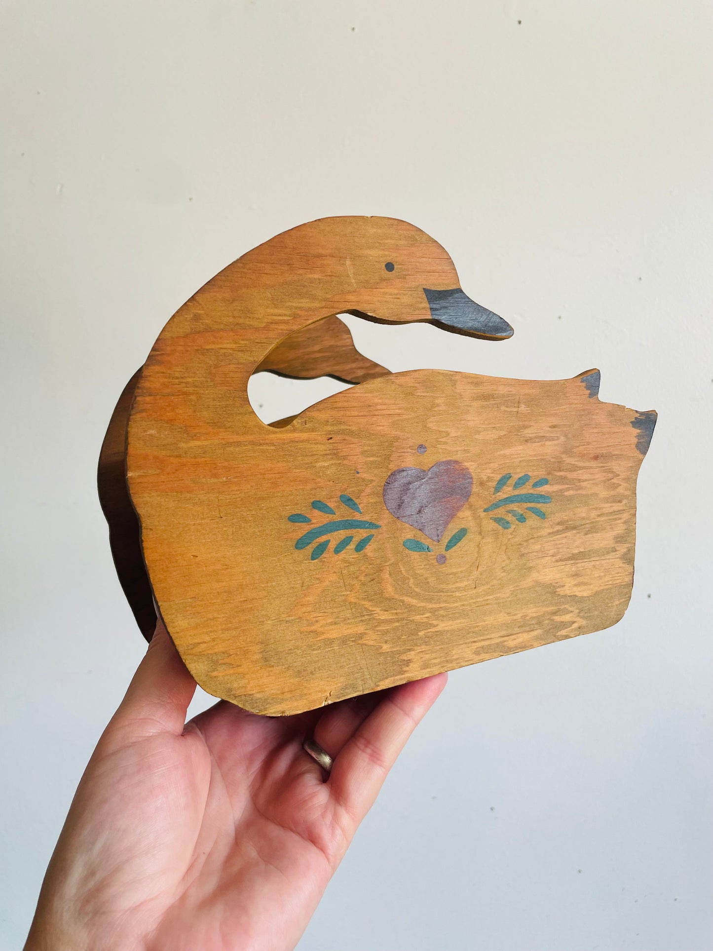 Vintage Folk Art Wood Swan Caddy Box Holder with Heart & Leaf Design - Trinkets, Planter, Napkins, Etc.