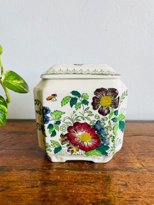 Vintage Mason's Paynsley Pattern Ironstone Tea Caddy Canister Jar with Lid & Ornate Floral Design - Made in England Especially for Rosemary Shelton