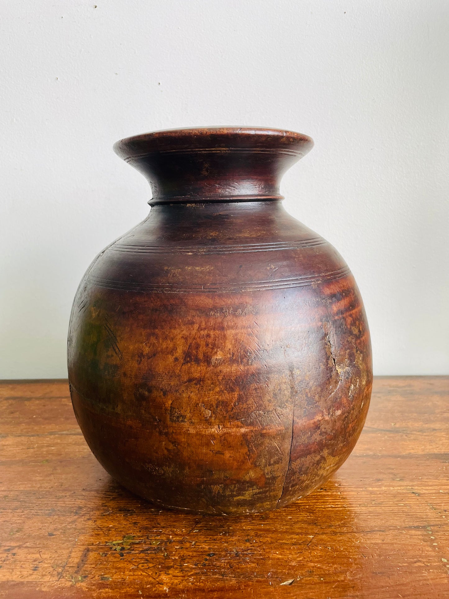 Vintage / Possibly Antique Wood Himachal Pot Vase - Handcrafted & Carved from a Single Piece of Wood - Tribal Northern India - Himachal Pradesh Region - Originally Used to Store Water