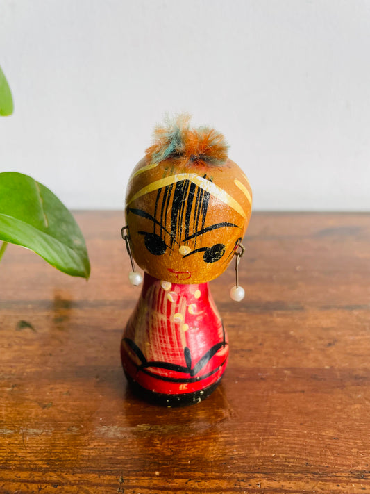 Vintage Hand Painted Wooden Bobblehead Japanese Kokeshi Doll with Dangly Earrings